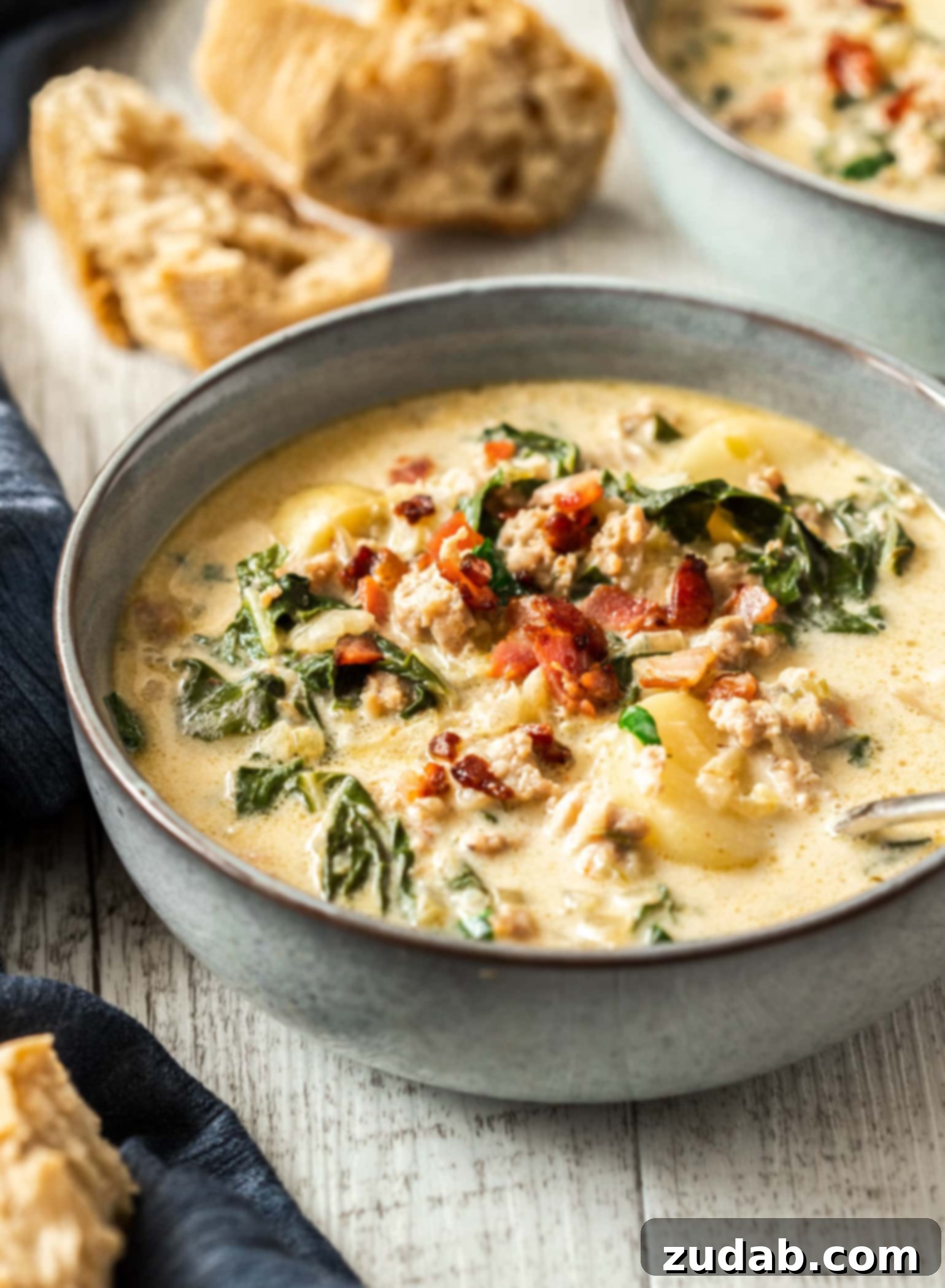 Creamy One Pot Zuppa Toscana 2 Closeup of a grey bowl filled with soup with chunks of bread in the background