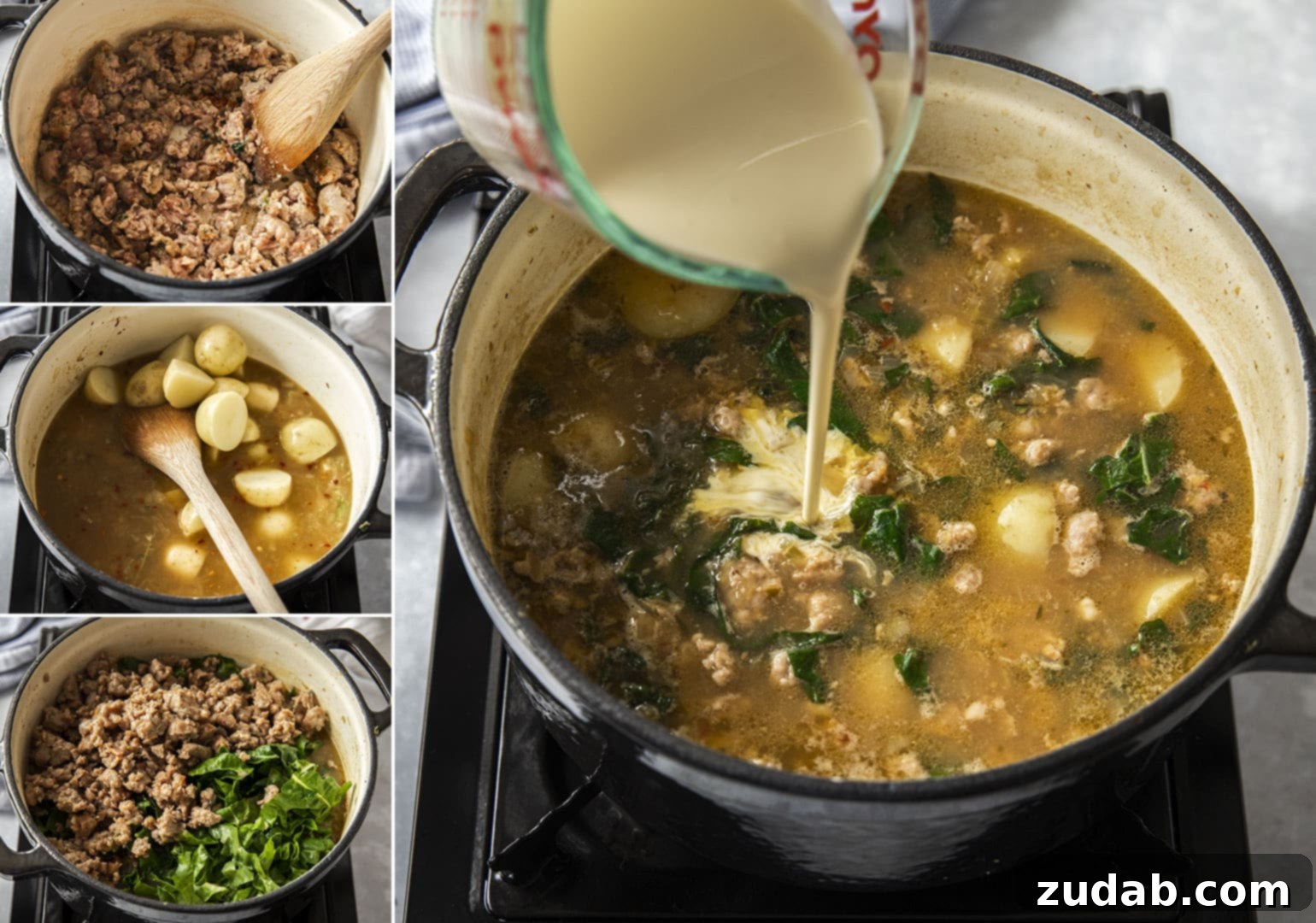 Creamy One Pot Zuppa Toscana 3 A collage of photos showing the steps to making zuppa toscana.