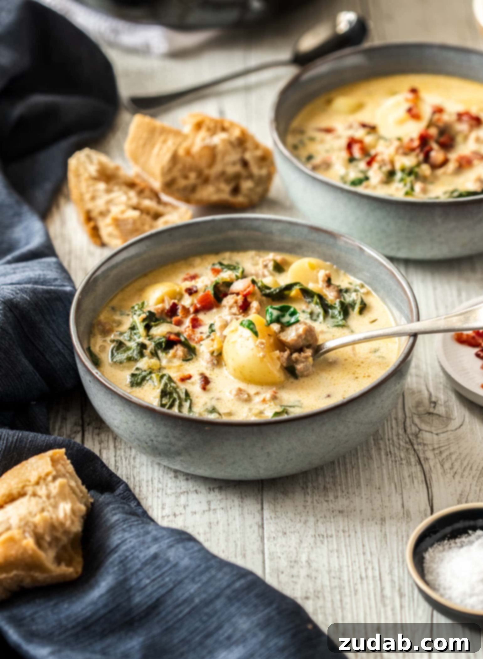 Creamy One Pot Zuppa Toscana 5 Bowls of zuppa toscana on a white timber table surrounded by chunks of bread