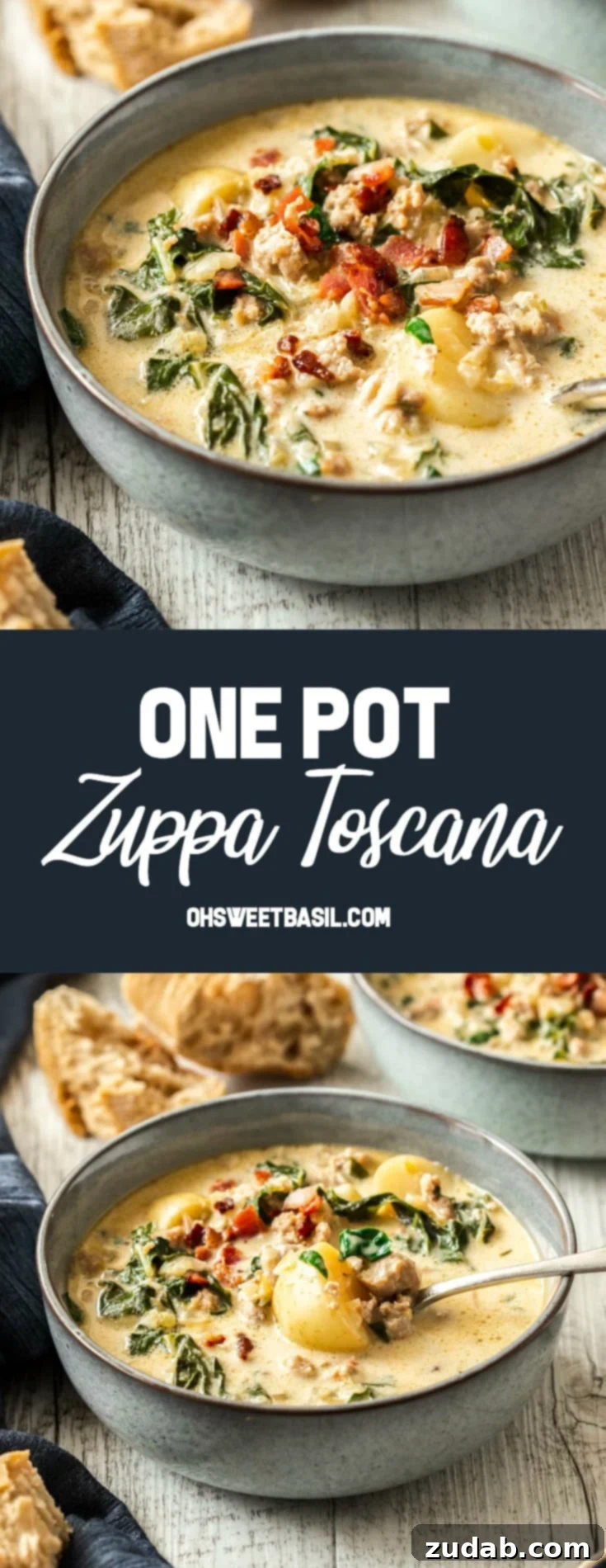 Creamy One Pot Zuppa Toscana 7 Closeup of a grey bowl filled with soup with chunks of bread in the background