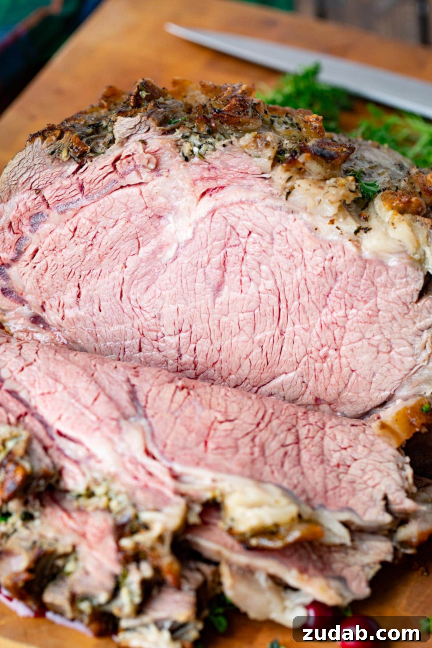 Melt-in-Your-Mouth Slow Cooker Prime Rib 3 A beautifully marbled slow cooker prime rib, rich and ready to be carved.