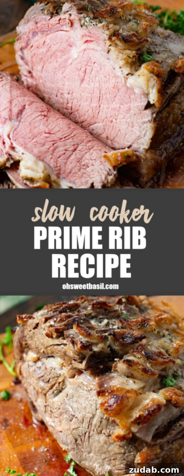 Melt-in-Your-Mouth Slow Cooker Prime Rib 6 A photo of slow cooker prime rib half sliced on a cutting board, ready for a festive meal.