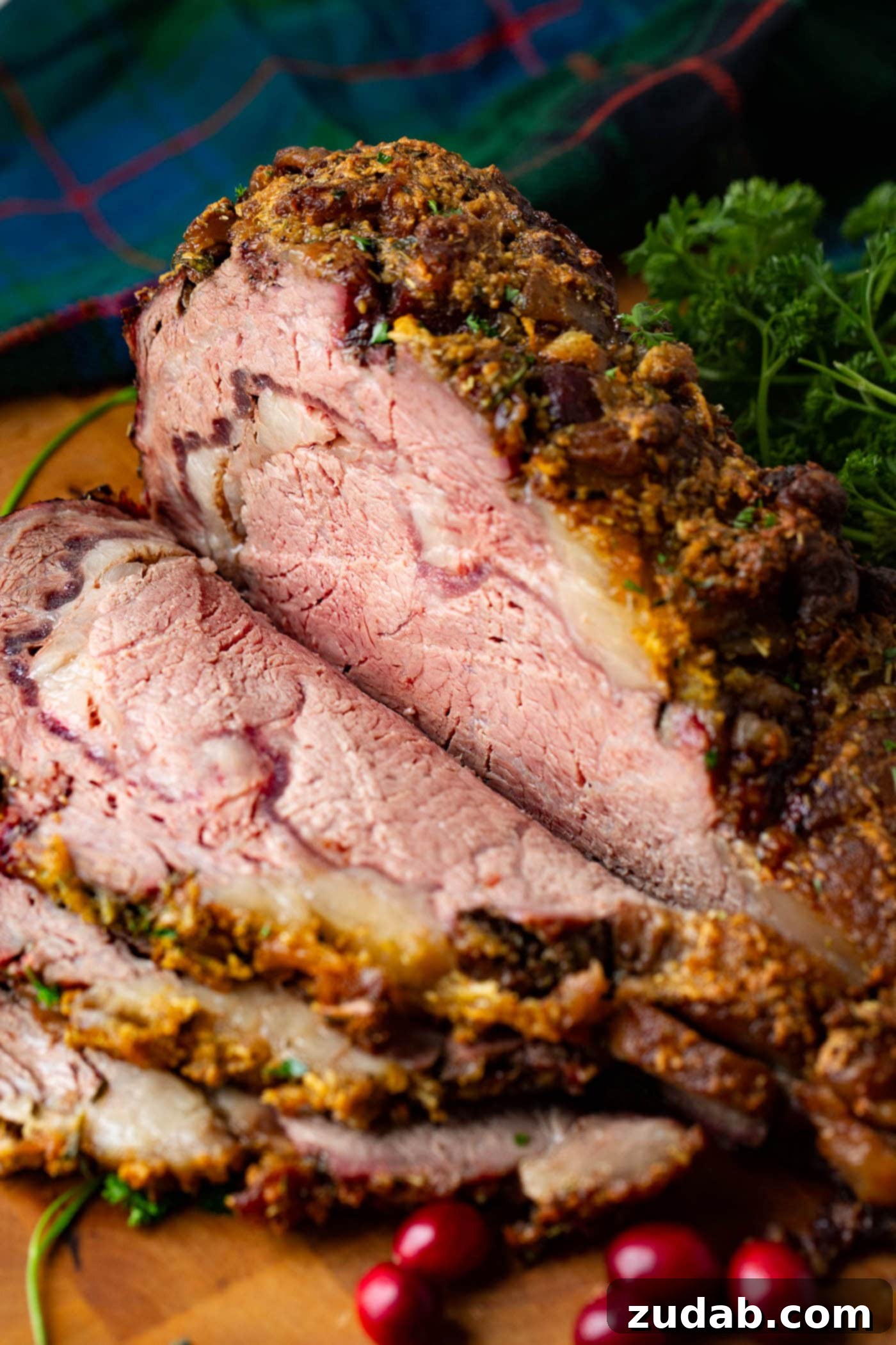 Traeger Smoked Prime Rib A photo of smoked prime rib sliced and ready to serve.