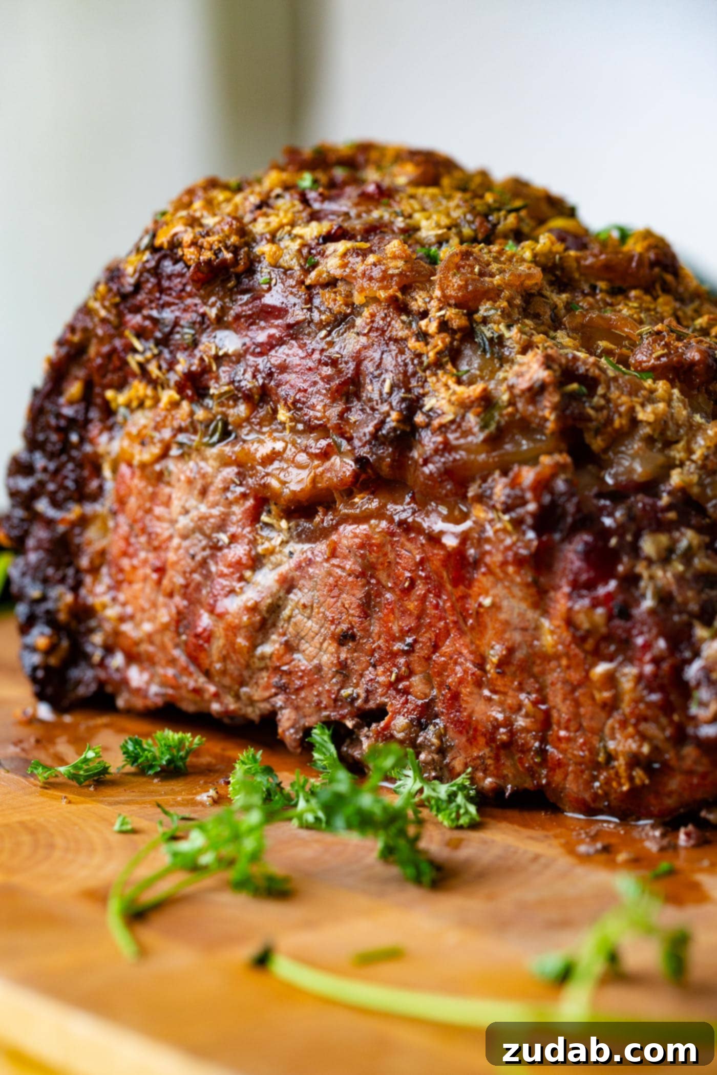 Traeger Smoked Prime Rib A photo of a whole smoked prime rib sitting on a wooden cutting board garnished with fresh chopped parsley.