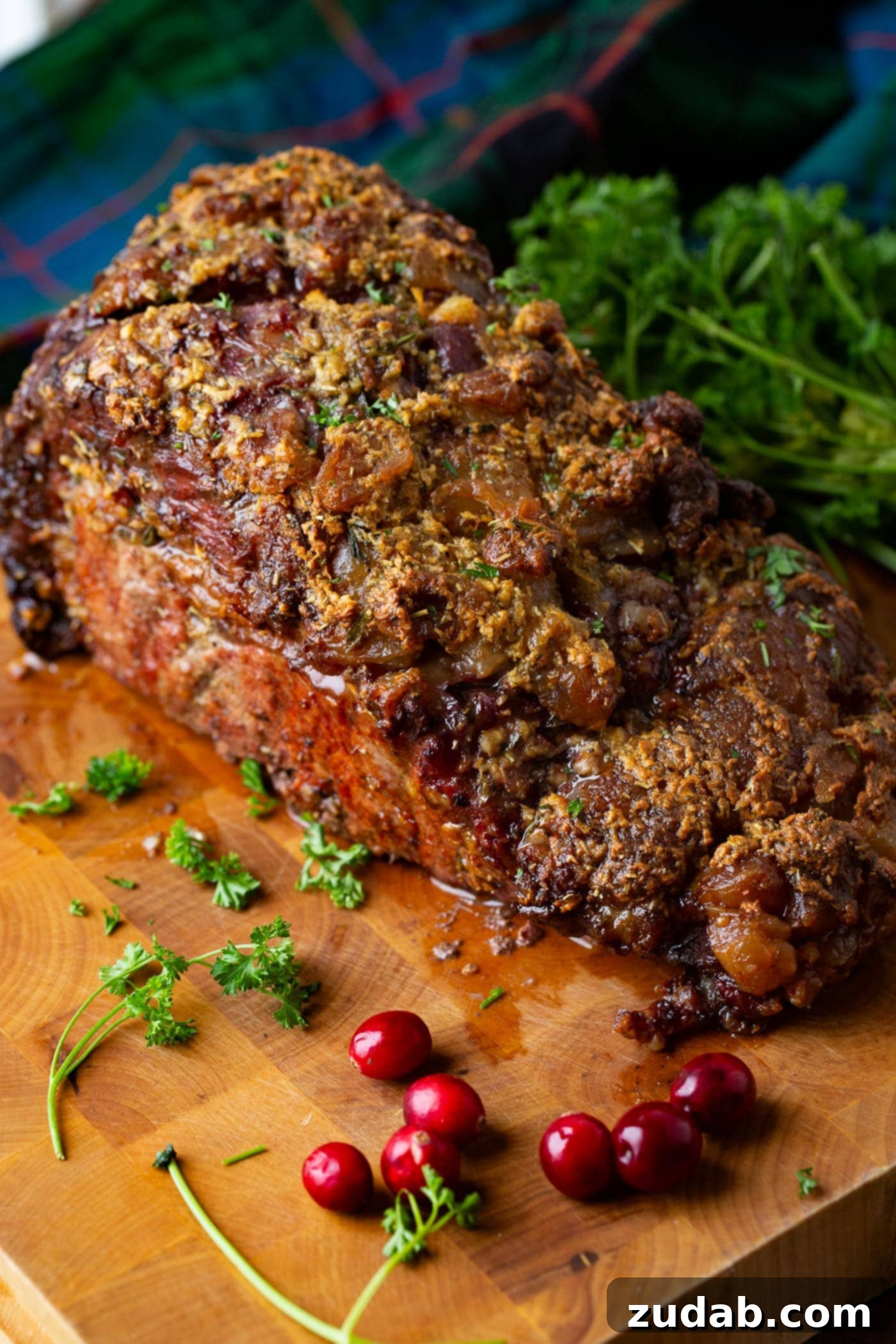 The Ultimate Traeger Smoked Prime Rib 2 A photo of a whole smoked prime rib sitting on a cutting board garnished with fresh chopped parsley.