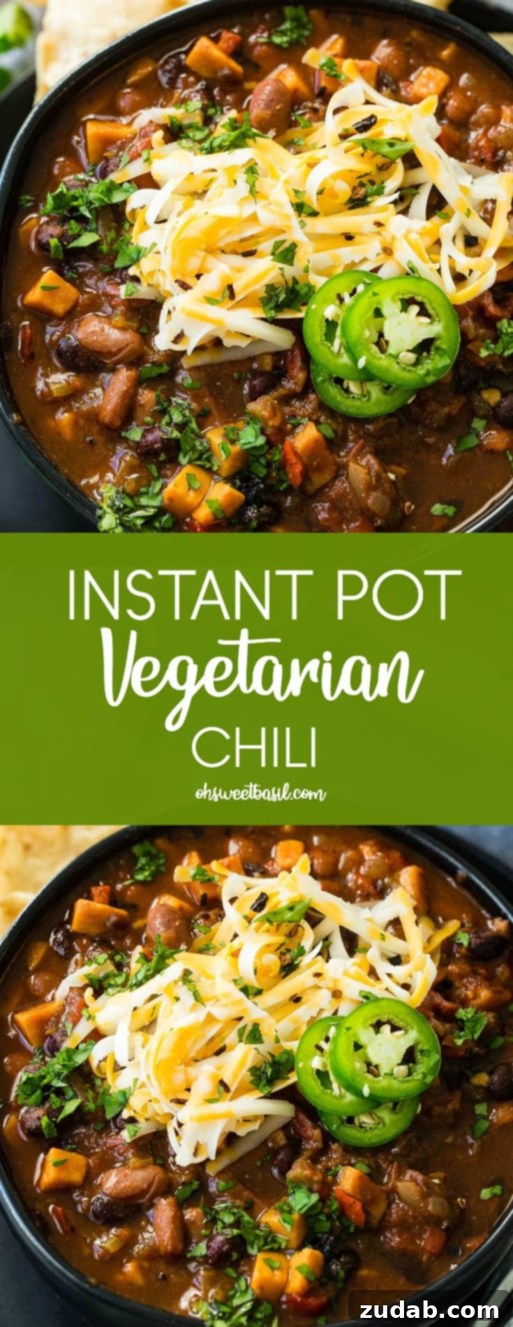 Hearty Instant Pot Vegetarian Chili 3 A beautifully presented bowl of vegetarian chili, generously topped with shredded cheese and vibrant slices of fresh jalapeno, inviting readers to try.