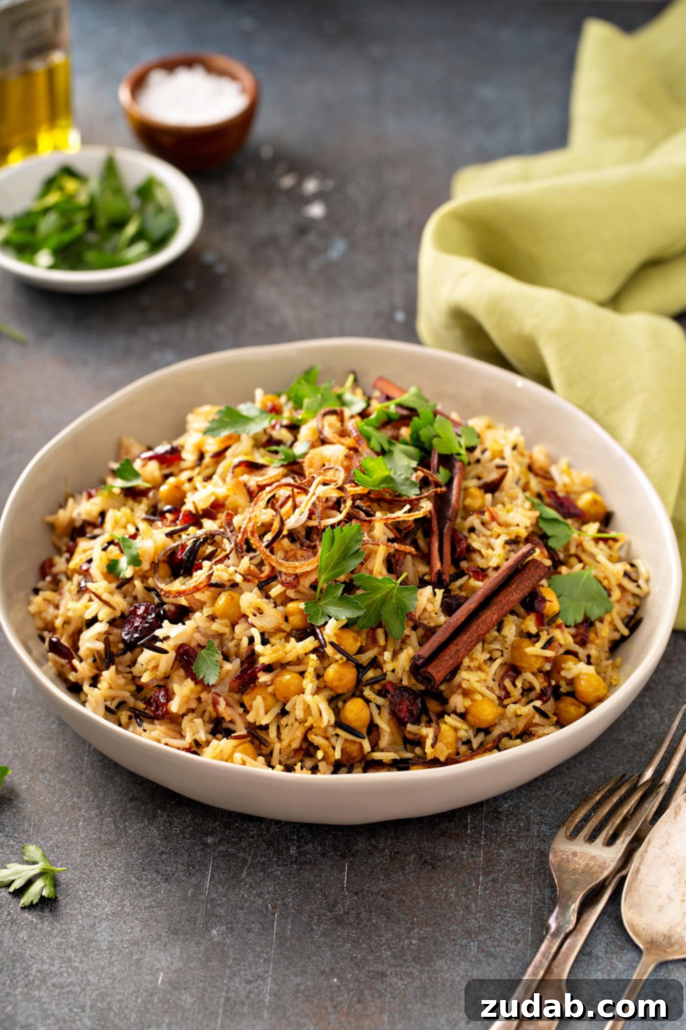 Wild Rice and Chickpeas with Crispy Shallots A photo of a white bowl full of Jerusalem wild rice topped with roasted chickpease, chopped cilantro and parsley, crispy shallots and cinnamon sticks.