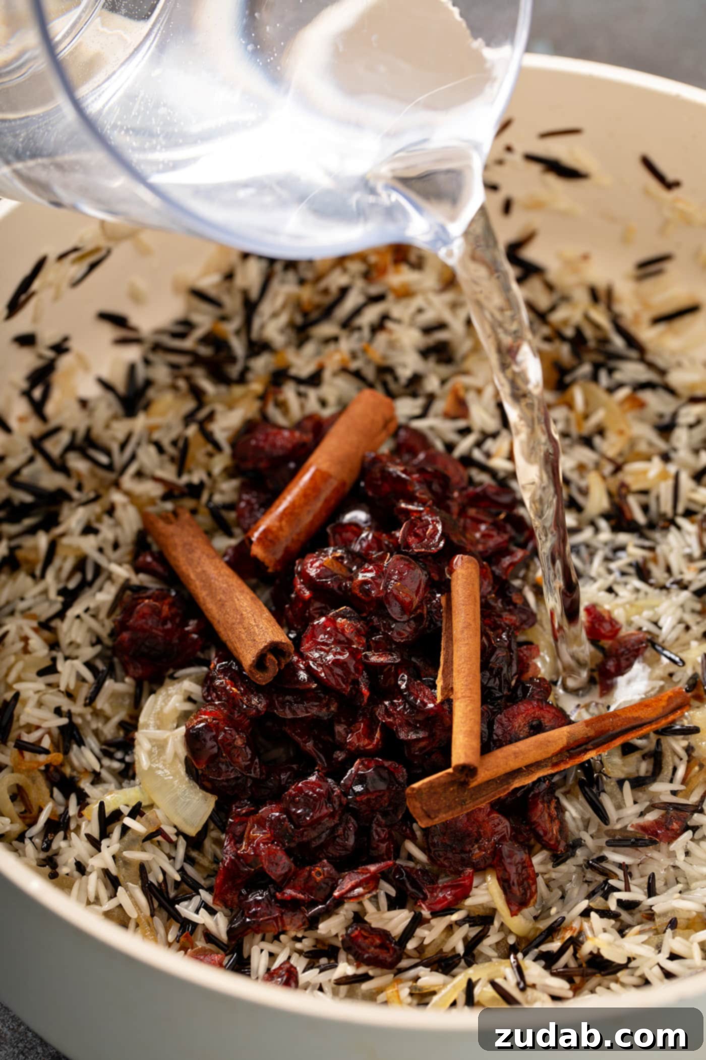 Wild Rice and Chickpeas with Crispy Shallots A photo of water being added to a put of rice that topped with craisins and cinnamon sticks.