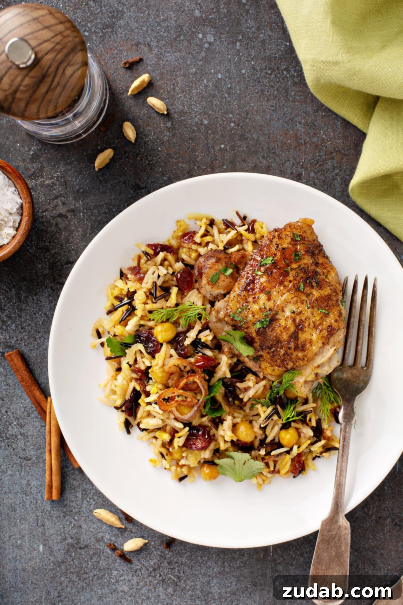 Wild Rice and Chickpeas with Crispy Shallots A photo of a plate of Jerusalem wild rice with a Jerusalem herb chicken thigh.
