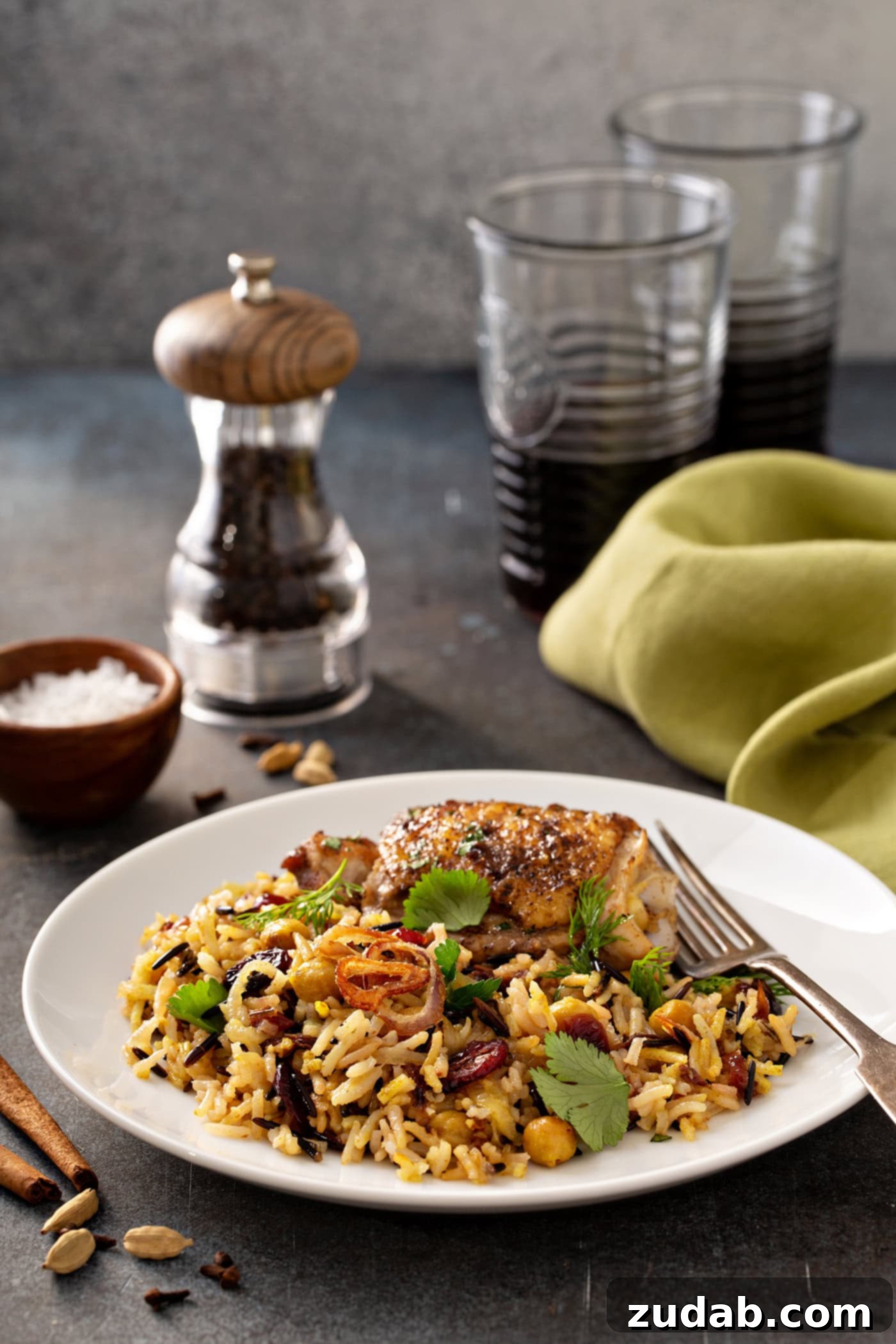 Wild Rice and Chickpeas with Crispy Shallots A photo of a plate of Jerusalem wild rice and an herb chicken thigh with a small bowl of salt, pepper grinder, and two glasses of grape juice in the background.