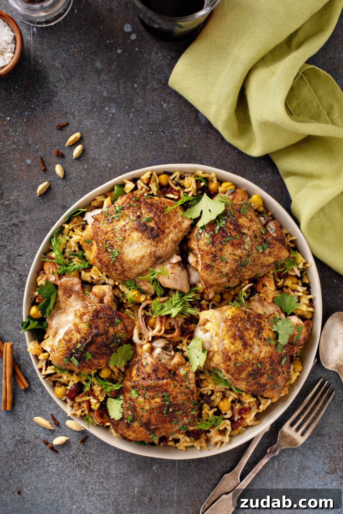 Jerusalem-Style Herbed Chicken Thighs 2 A collection of vibrant fresh herbs, including cilantro and dill, along with whole spices like cardamom pods and star anise, and a rustic wooden mortar and pestle, hinting at the aromatic preparation of Jerusalem Herb Chicken.