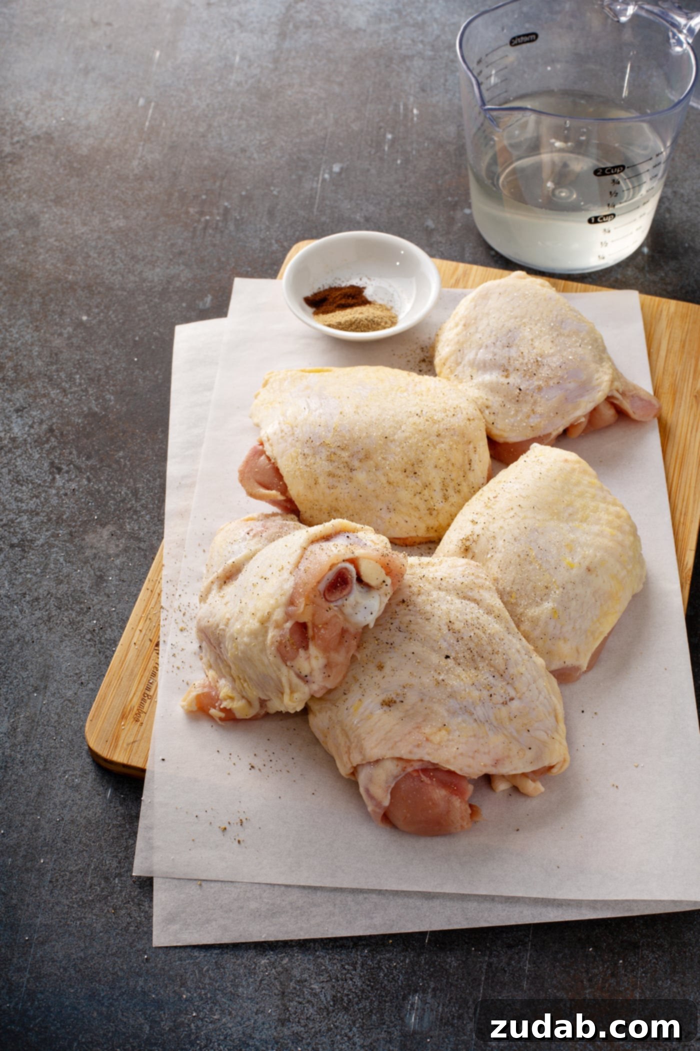 Preparing Chicken Thighs for Jerusalem Herb Recipe A close-up photograph of five uncooked bone-in chicken thighs, perfectly seasoned with salt and pepper, arranged on parchment paper on a sturdy wooden cutting board, ready for cooking.