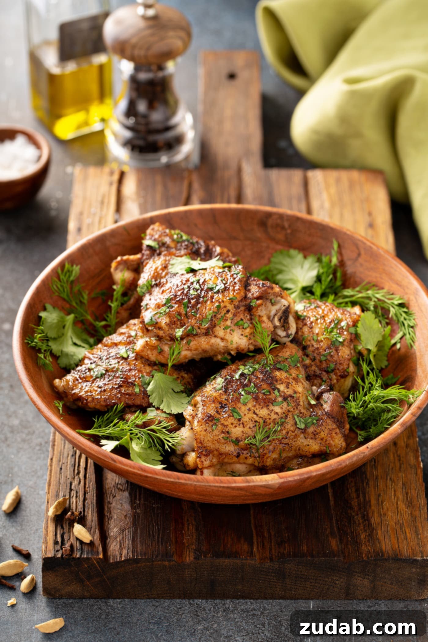 Perfectly Cooked Jerusalem Herb Chicken Thighs with Fresh Herbs A stunning photo of five perfectly cooked bone-in chicken thighs, nestled in a wooden bowl, exquisitely topped with an abundance of fresh cilantro and fragrant dill leaves.