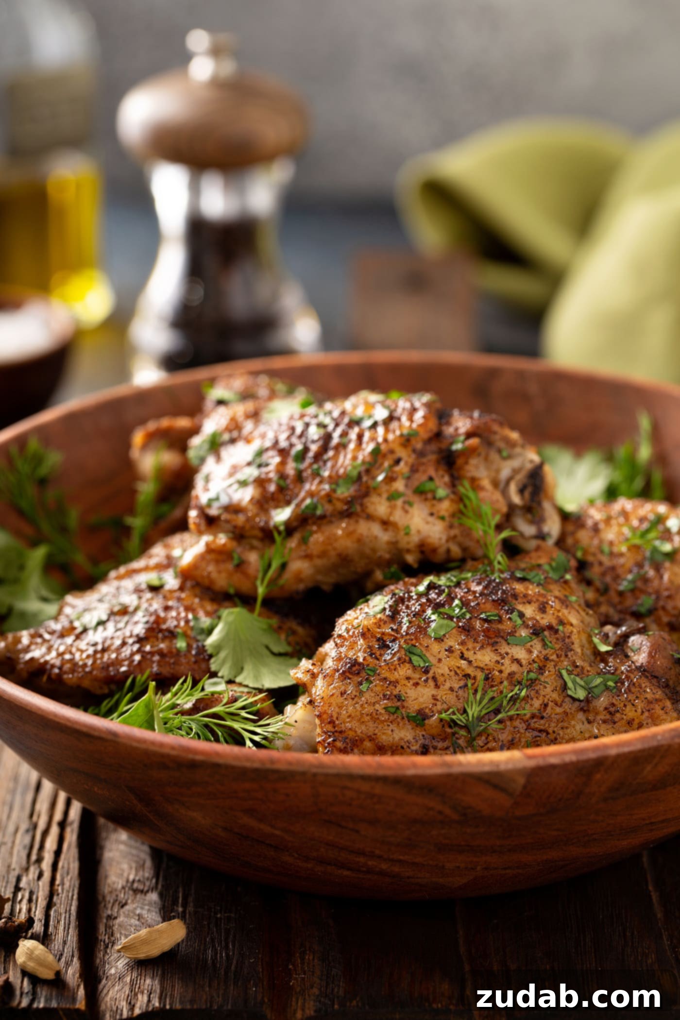 Crispy Jerusalem Herb Chicken Thighs with Fresh Herbs A beautiful closeup shot of perfectly golden crispy Jerusalem Herb Chicken Thighs, meticulously arranged in a wooden bowl and garnished with an abundance of fresh cilantro and dill.