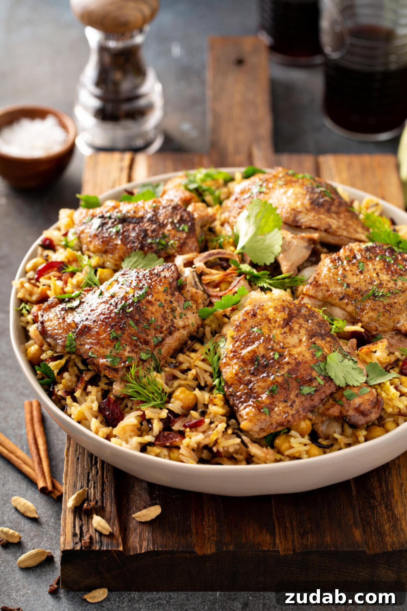 Jerusalem Herb Chicken Thighs and Wild Rice Overhead View A captivating overhead shot of golden Jerusalem Herb Chicken Thighs, beautifully presented on a bed of fragrant Jerusalem wild rice in a white serving platter, highlighted by natural light.