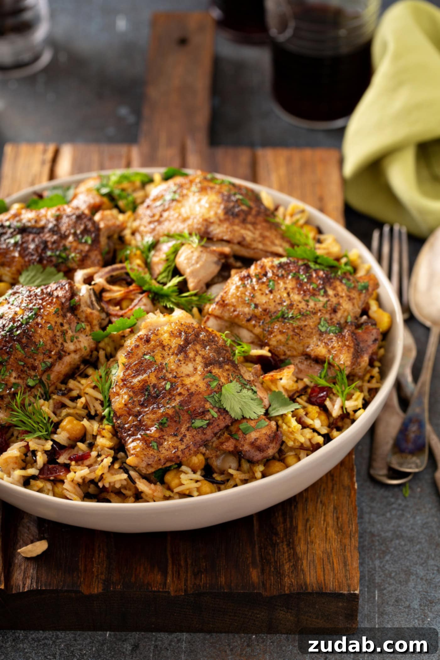 Jerusalem Herb Chicken Thighs with Wild Rice Close-up A close-up, mouth-watering image of golden Jerusalem Herb Chicken Thighs presented on a bed of Jerusalem wild rice within a pristine white serving platter, showcasing the rich textures.