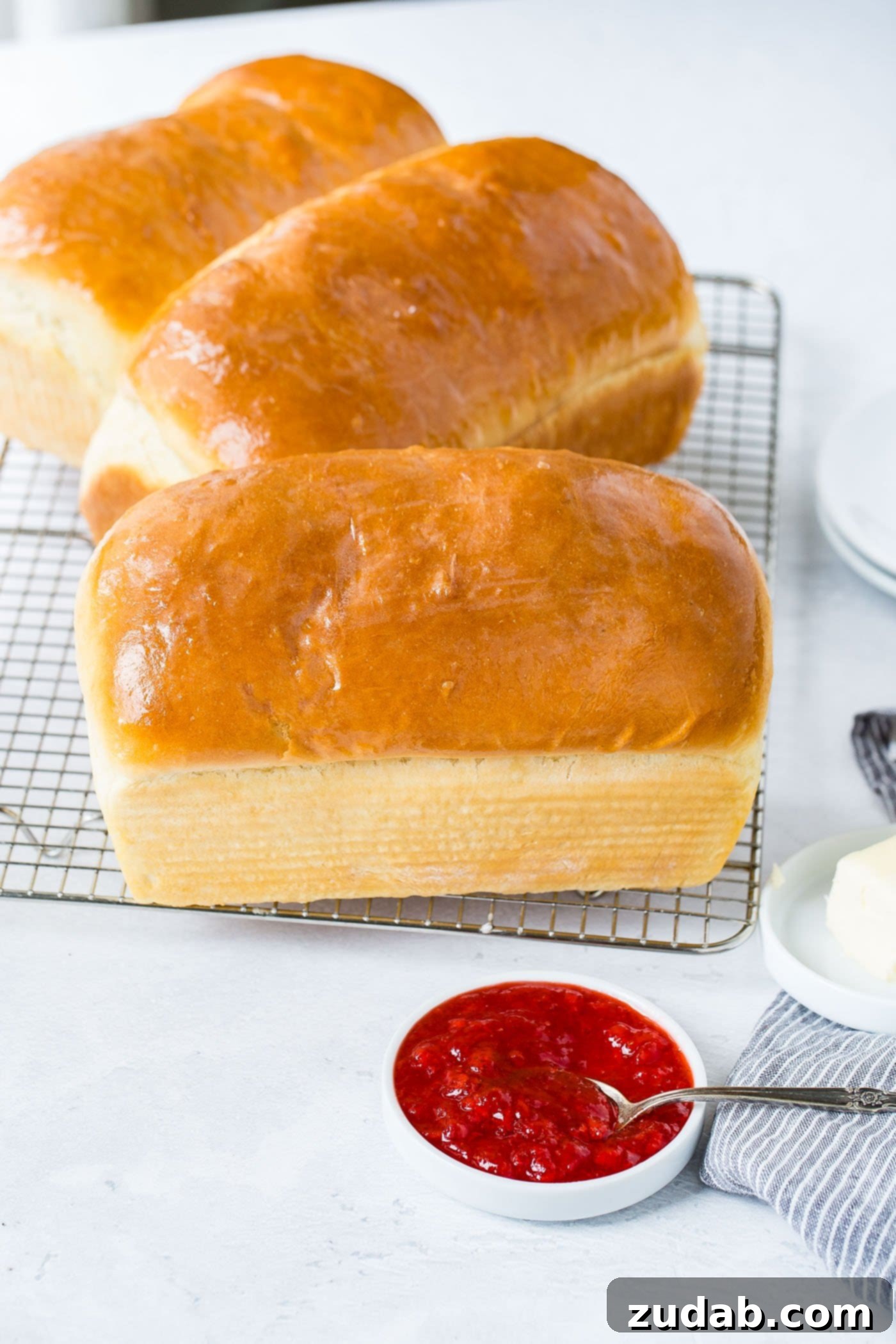 My Favorite White Bread Recipe Three loaves of fresh baked, homemade white bread, sitting on a wire cooling rack. There are two bread plates, a dish of butter, and a small container of strawberry jam next to the bread.