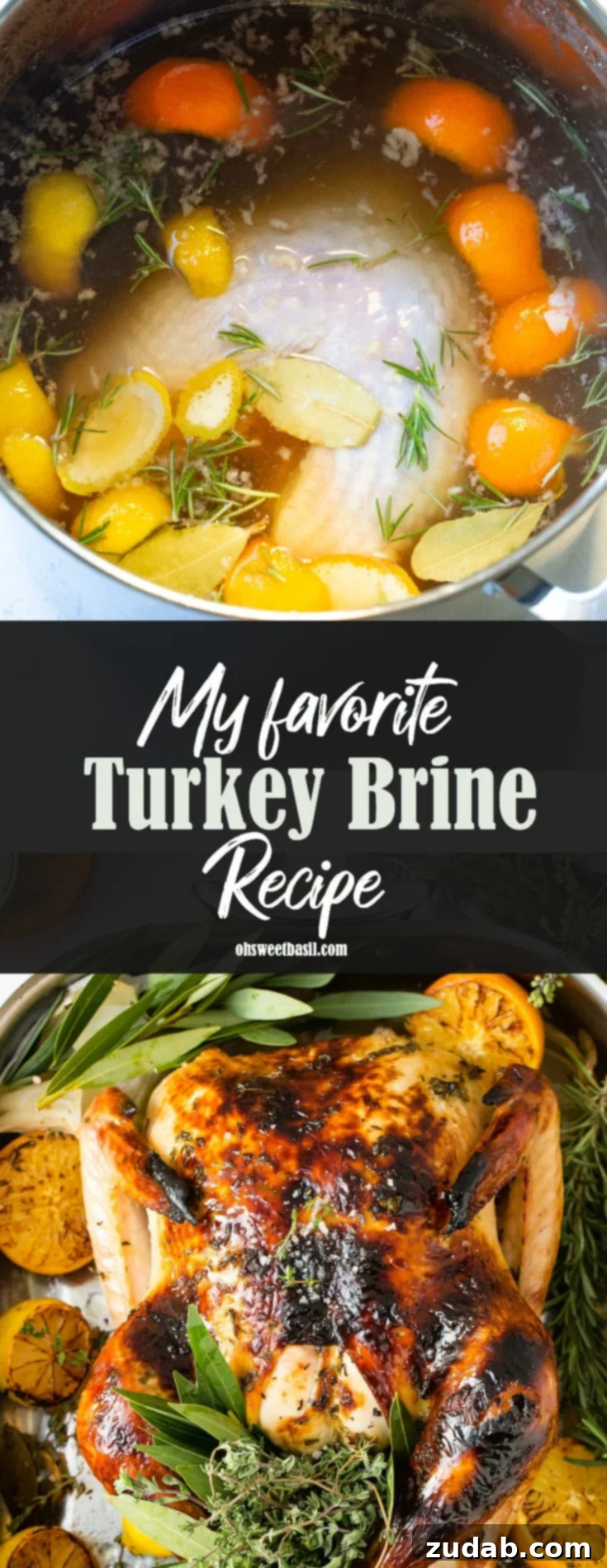 A photo of turkey brine in a large stock pot with fresh herbs, orange and lemon peels.