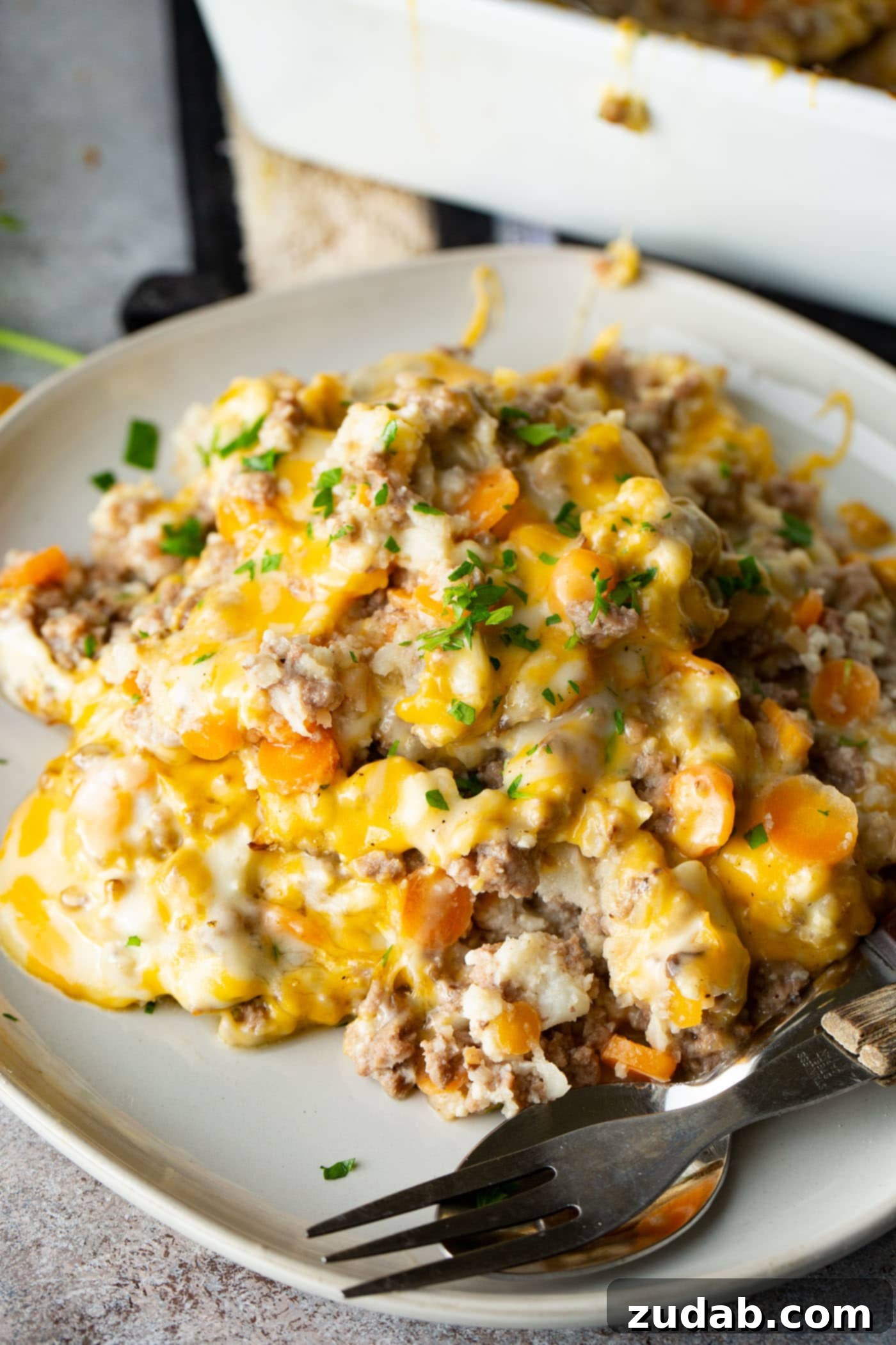 Low Carb Cheesy Ground Beef and Cauliflower Rice Casserole A photo of our low carb cheesy ground beef and cauliflower rice casserole on a white plate covered in melted cheese.
