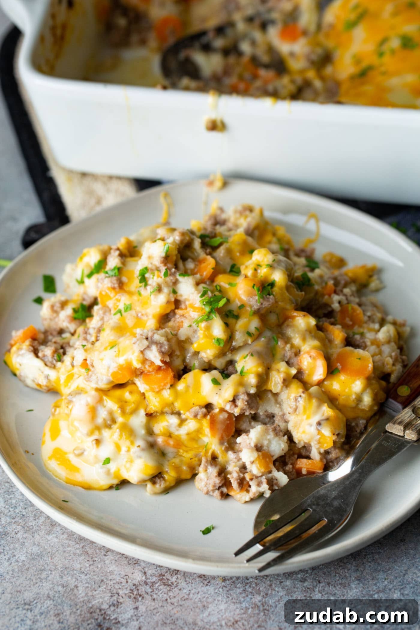 Low Carb Cheesy Ground Beef and Cauliflower Rice Casserole A photo of our low carb cheesy ground beef and cauliflower rice casserole on a white plate covered in melted cheese.