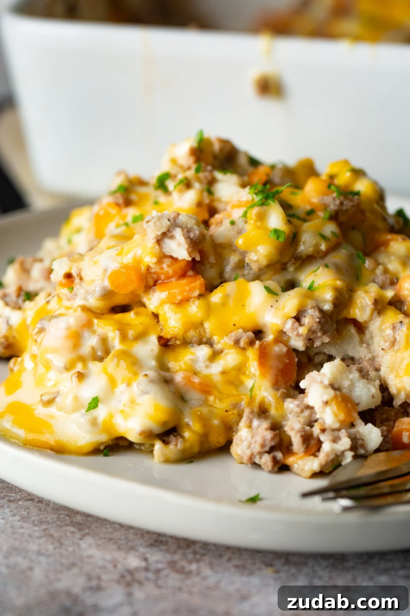 Comforting Cheesy Keto Beef and Cauliflower Bake 2 A photo of our low carb cheesy ground beef and cauliflower rice casserole on a white plate covered in melted cheese.