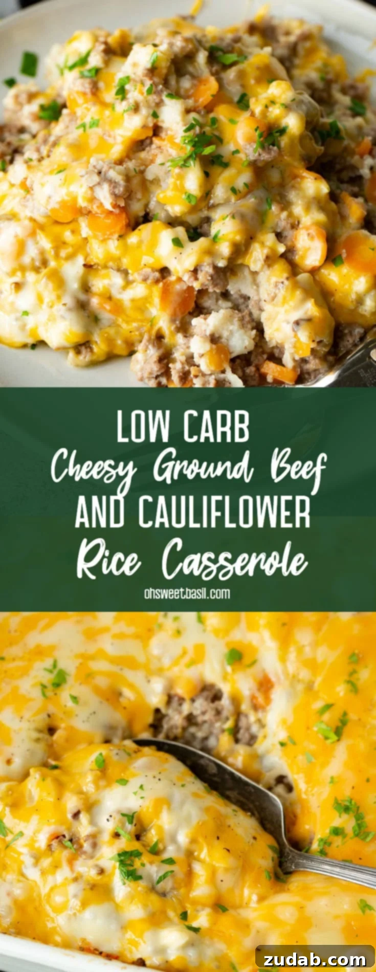 Comforting Cheesy Keto Beef and Cauliflower Bake 4 A photo of our low carb cheesy ground beef and cauliflower rice casserole on a white plate covered in melted cheese.