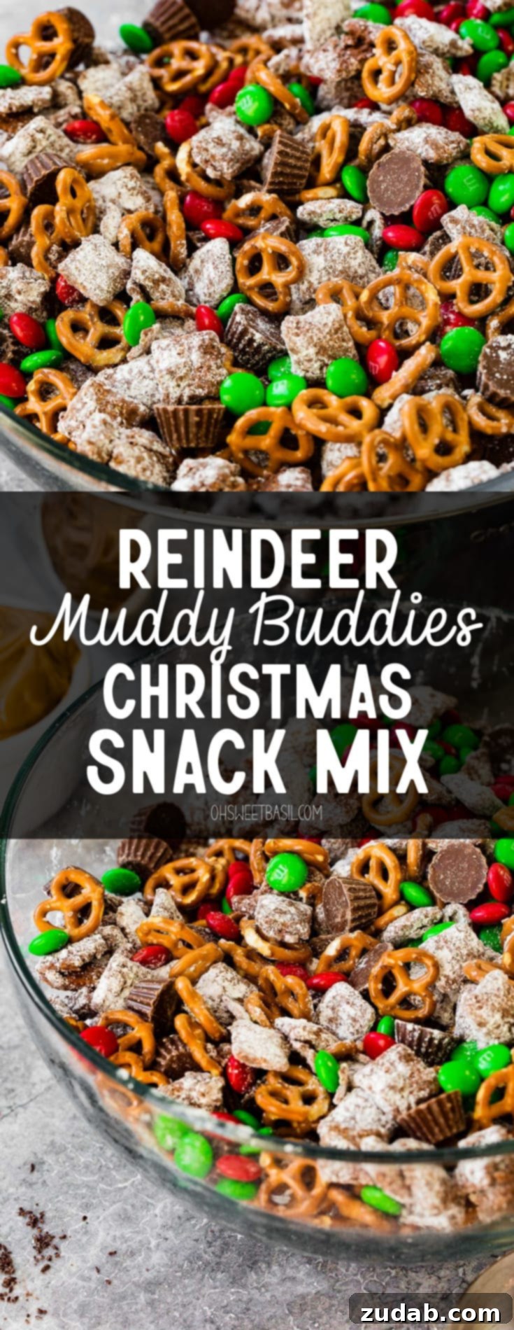 Reindeer Dust Christmas Crunch 3 A beautifully presented large glass bowl filled with the festive Reindeer Muddy Buddies Christmas snack mix, perfect for holiday gatherings and sharing.