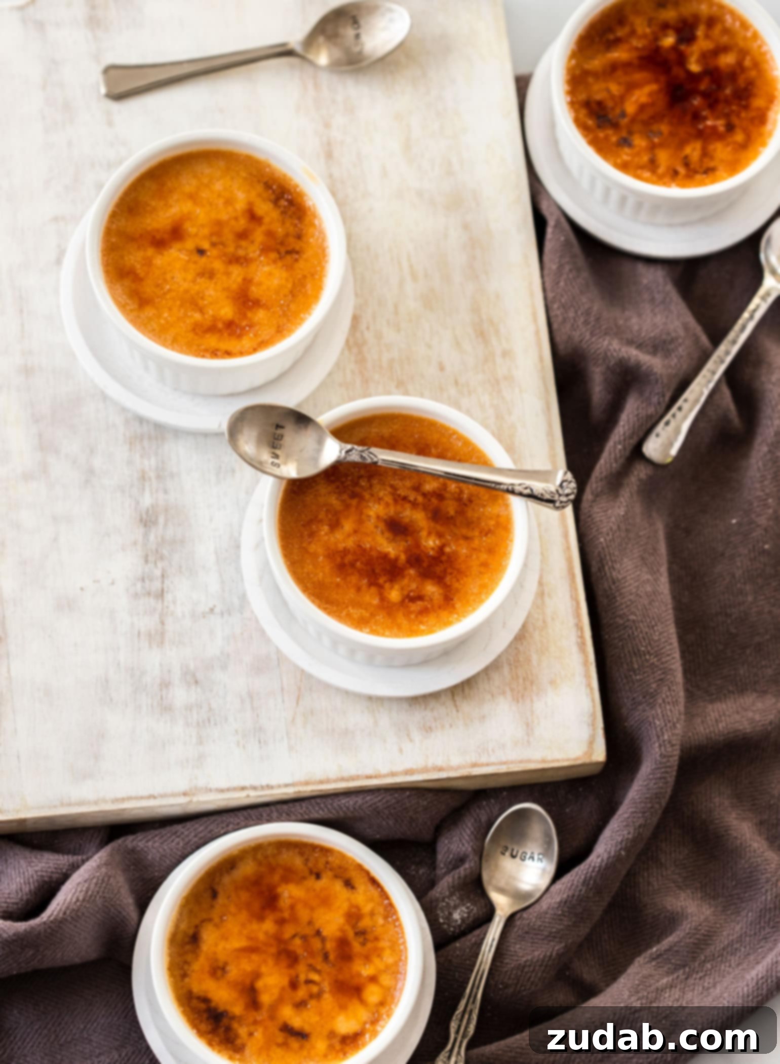 Four small white ramekins filled with crème brûlée, each adorned with a spoon, artfully arranged on a pristine white serving board.