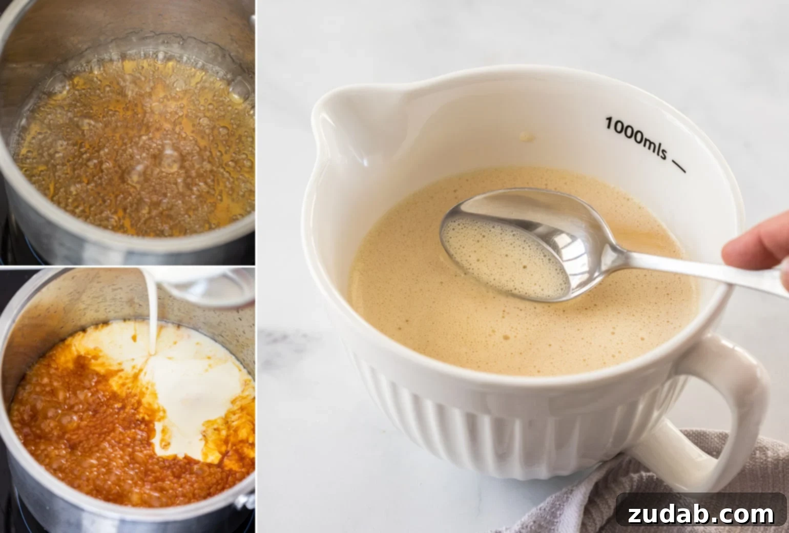 A two-part image showing amber caramel simmering in a saucepan on the left, and a smooth, light-colored custard mixture poured into a white jug on the right.