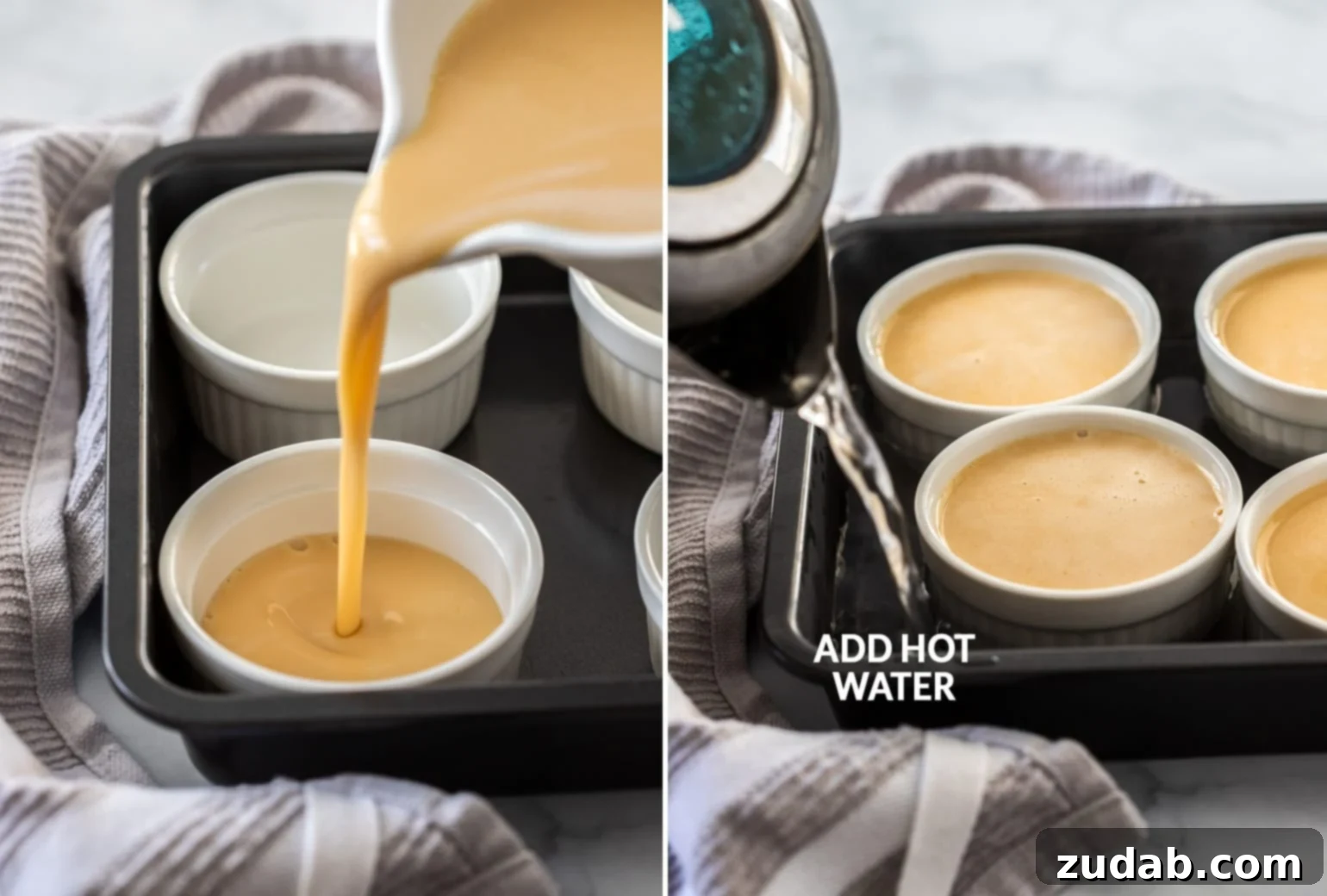 Rich caramel custard being carefully poured into small, elegant white ramekins, ready for baking.