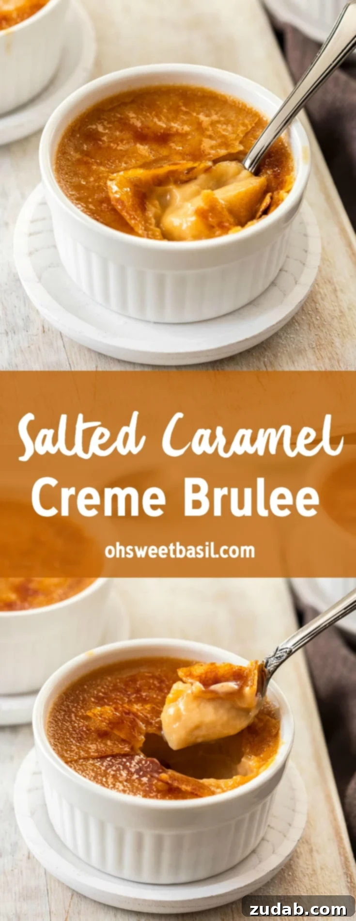 A spoon breaking through the caramelized sugar crust of a rich salted caramel crème brûlée, revealing the creamy custard beneath, all on a white serving board.