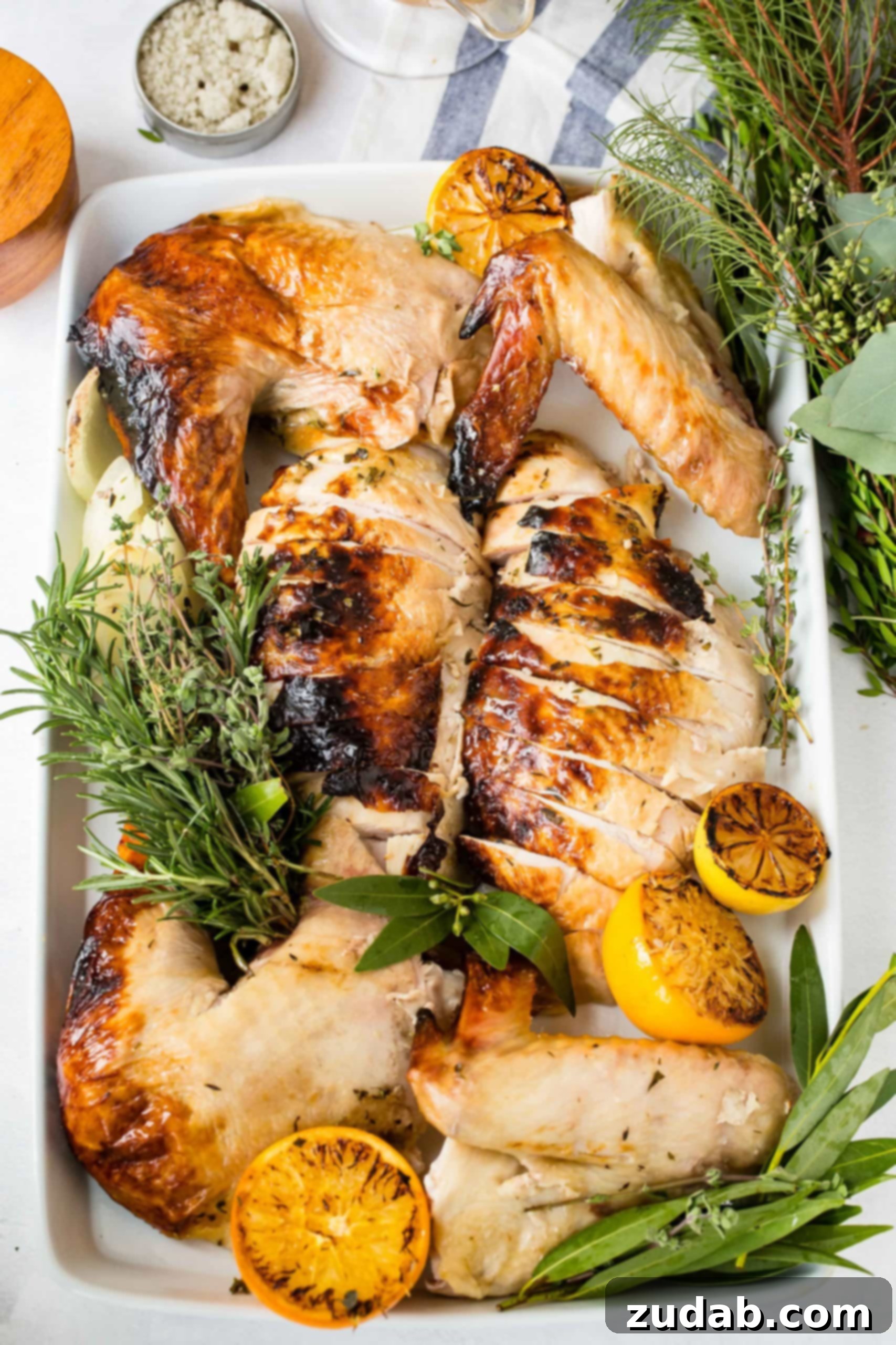 How to Carve a Turkey A photo of a beautifully carved roasted turkey, arranged on a white serving platter with garnishes.