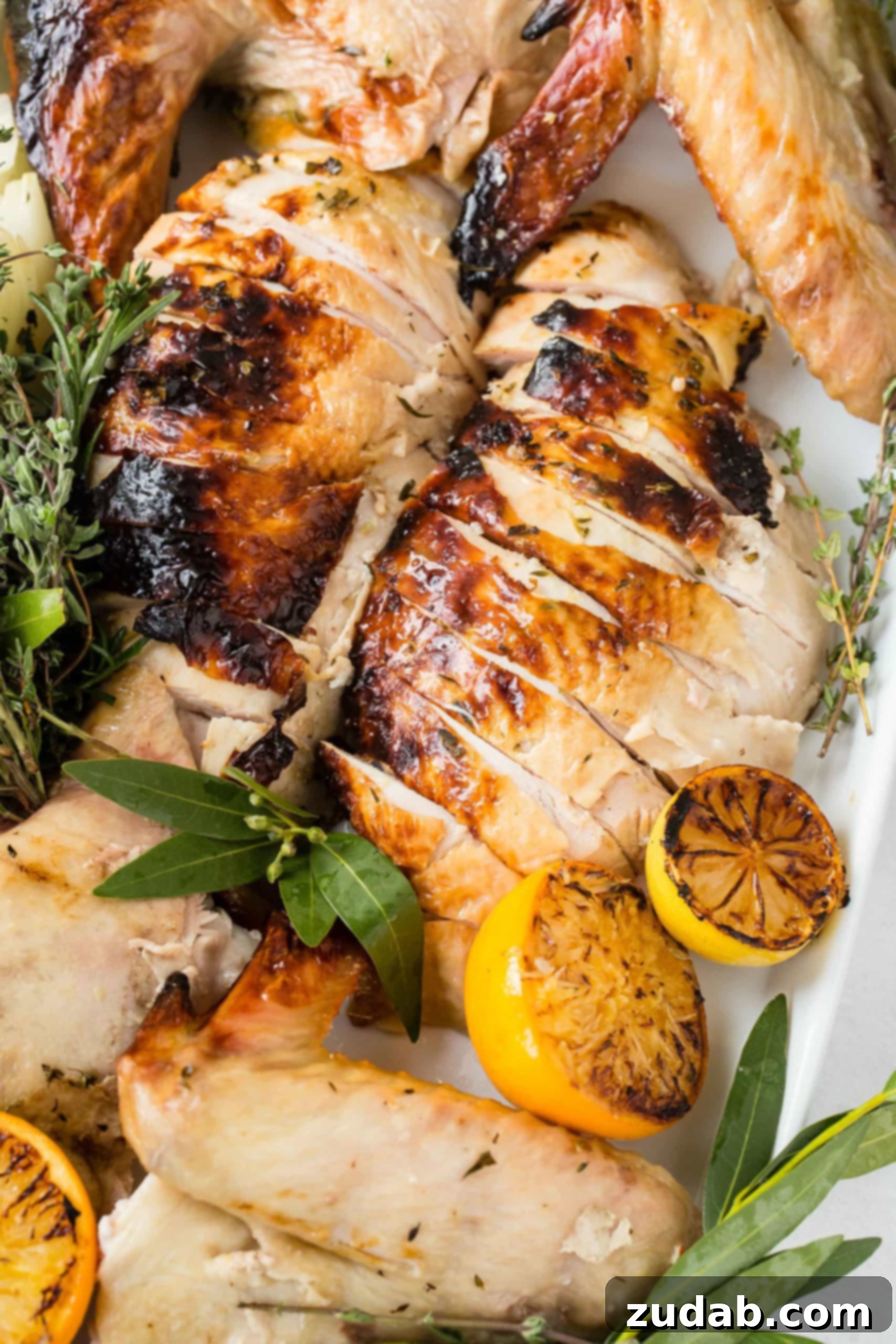 How to Carve a Turkey A close-up photo of a beautifully carved roasted turkey, expertly arranged on a white platter with fresh herbs.