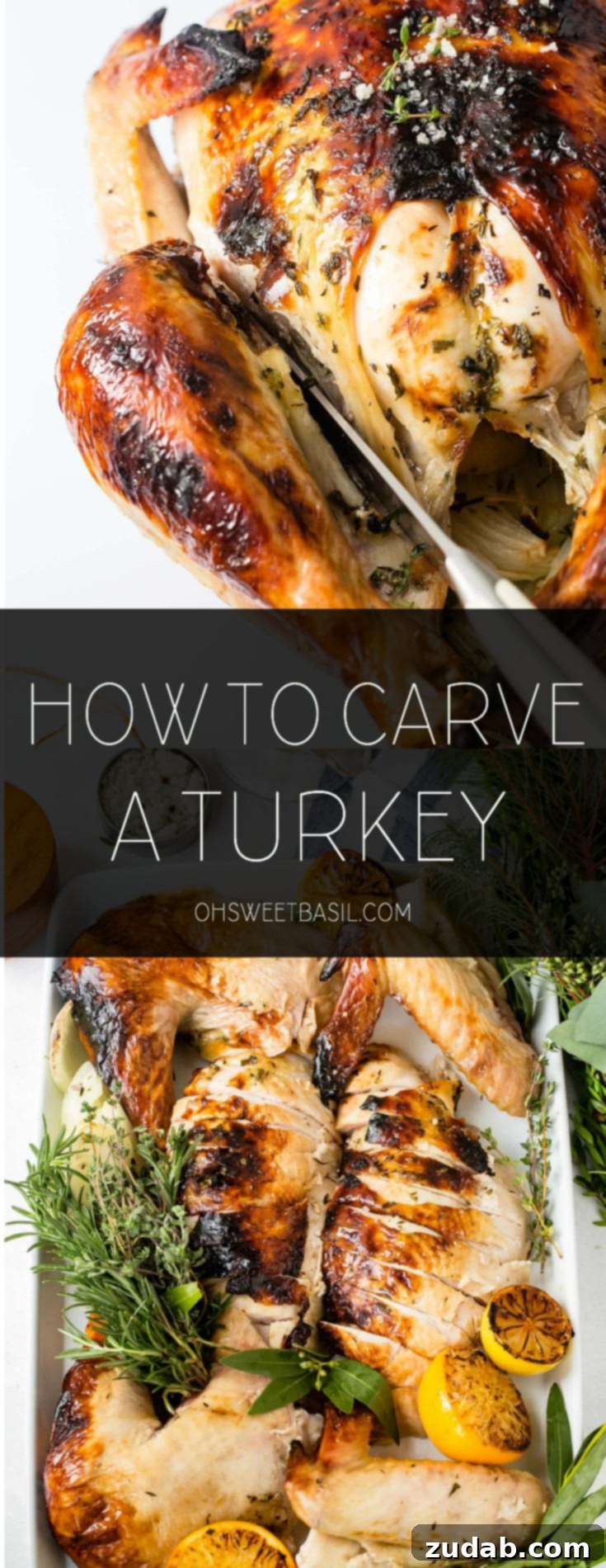 Carve Your Turkey Like a Pro 2 A roasted whole turkey, golden brown and ready for carving, resting on a cutting board with herbs, viewed from a different angle.