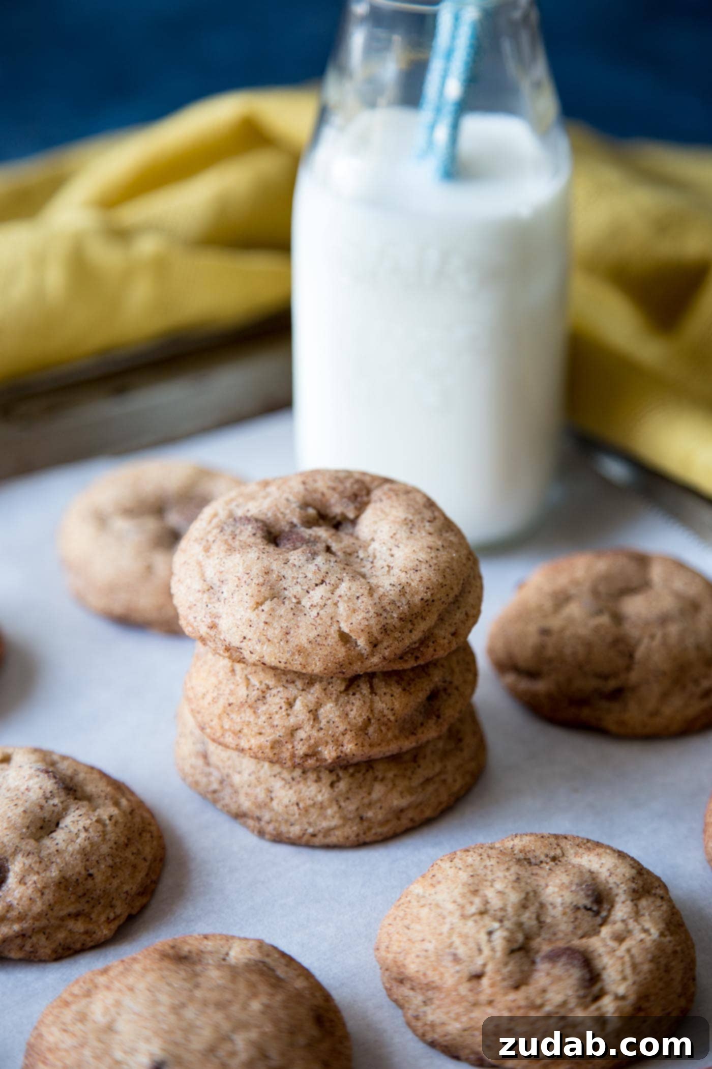 Ultimate Chocolate Chip Snickerdoodles 2 A stack of chocolate chip snickerdoodle cookies