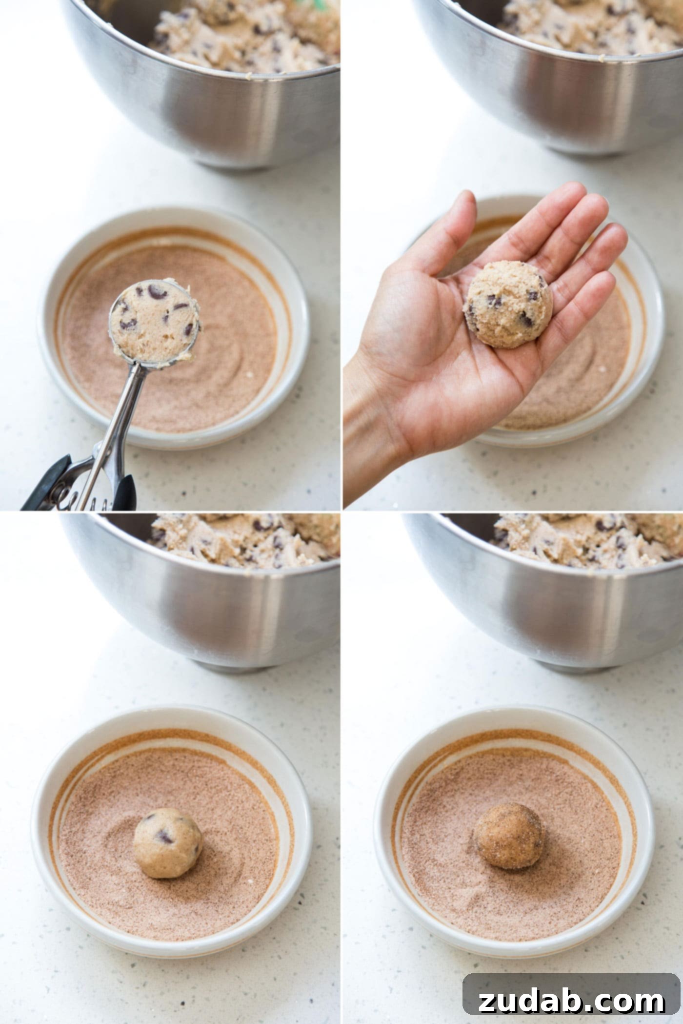 Ultimate Chocolate Chip Snickerdoodles 4 A photo collage showing how to form cookie dough balls