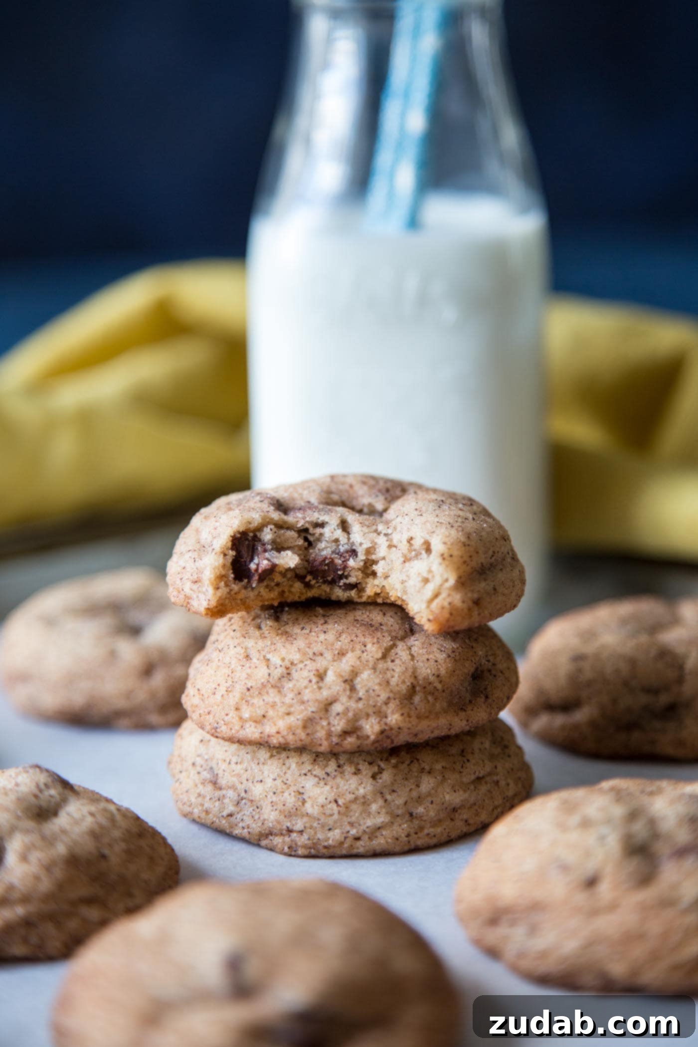 Ultimate Chocolate Chip Snickerdoodles 6 A stack of chocolate chip snickerdoodle cookies