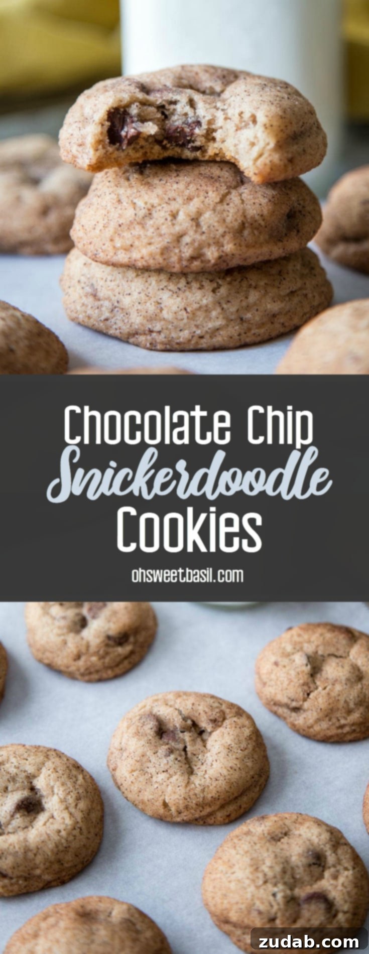 Ultimate Chocolate Chip Snickerdoodles 8 A stack of chocolate chip snickerdoodle cookies