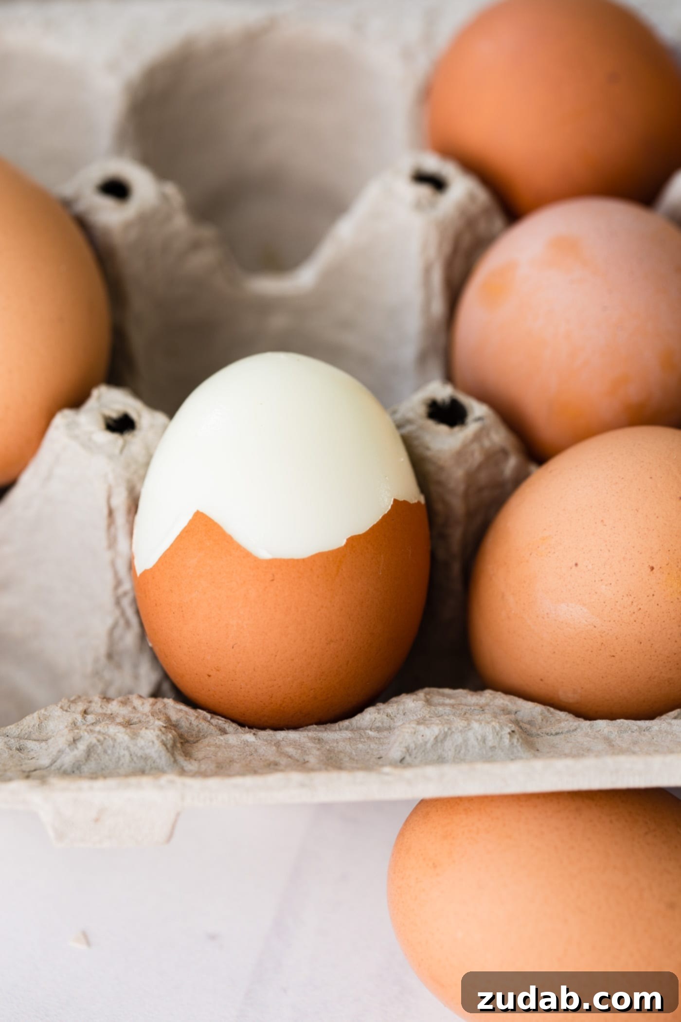 How to Make Perfect Hard Boiled Eggs An egg carton cradles five beautifully hard-boiled brown eggs. One egg has been partially peeled, demonstrating the ease of the process.