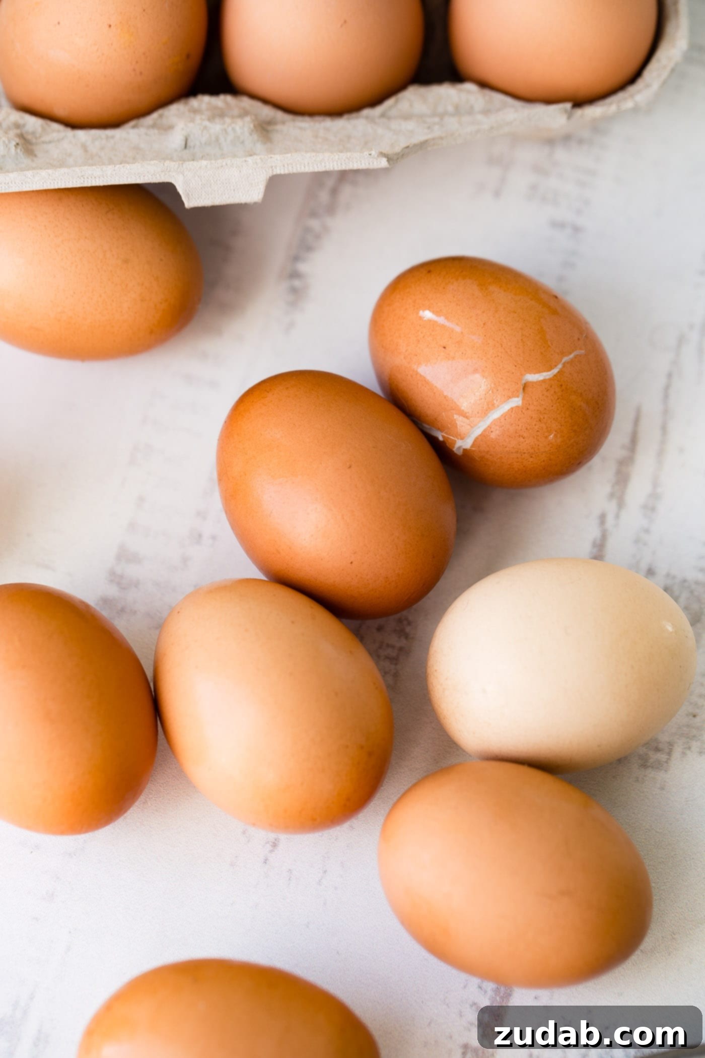 How to Use Hard Boiled Eggs Seven perfectly hard boiled brown eggs neatly arranged on a rustic kitchen counter, showcasing their readiness for various culinary applications.