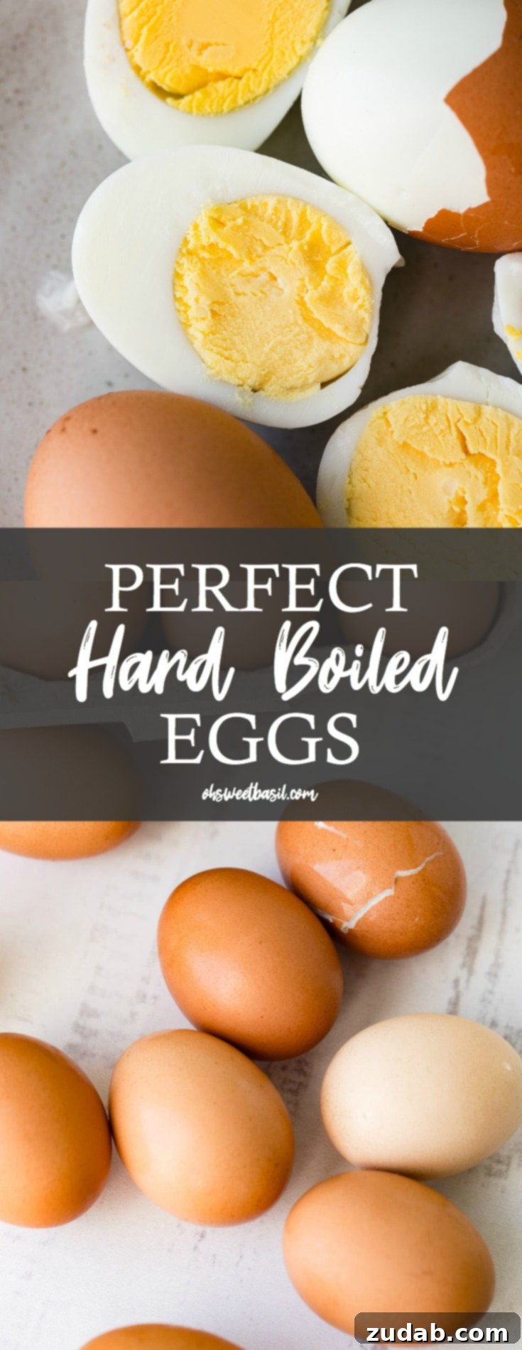 Unlock the Secret to Perfect Hard-Boiled Eggs Every Time 3 Two hard boiled eggs, expertly cut in half, showcasing their ideal texture and perfectly centered, bright yellow yolks.