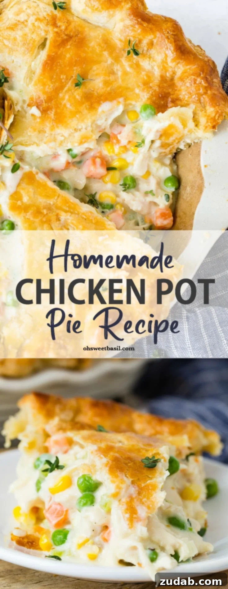 Your New Favorite Homemade Chicken Pot Pie 4 A whole chicken pot pie with one piece cut showing the creamy sauce and carrots and peas and chicken in the filling.