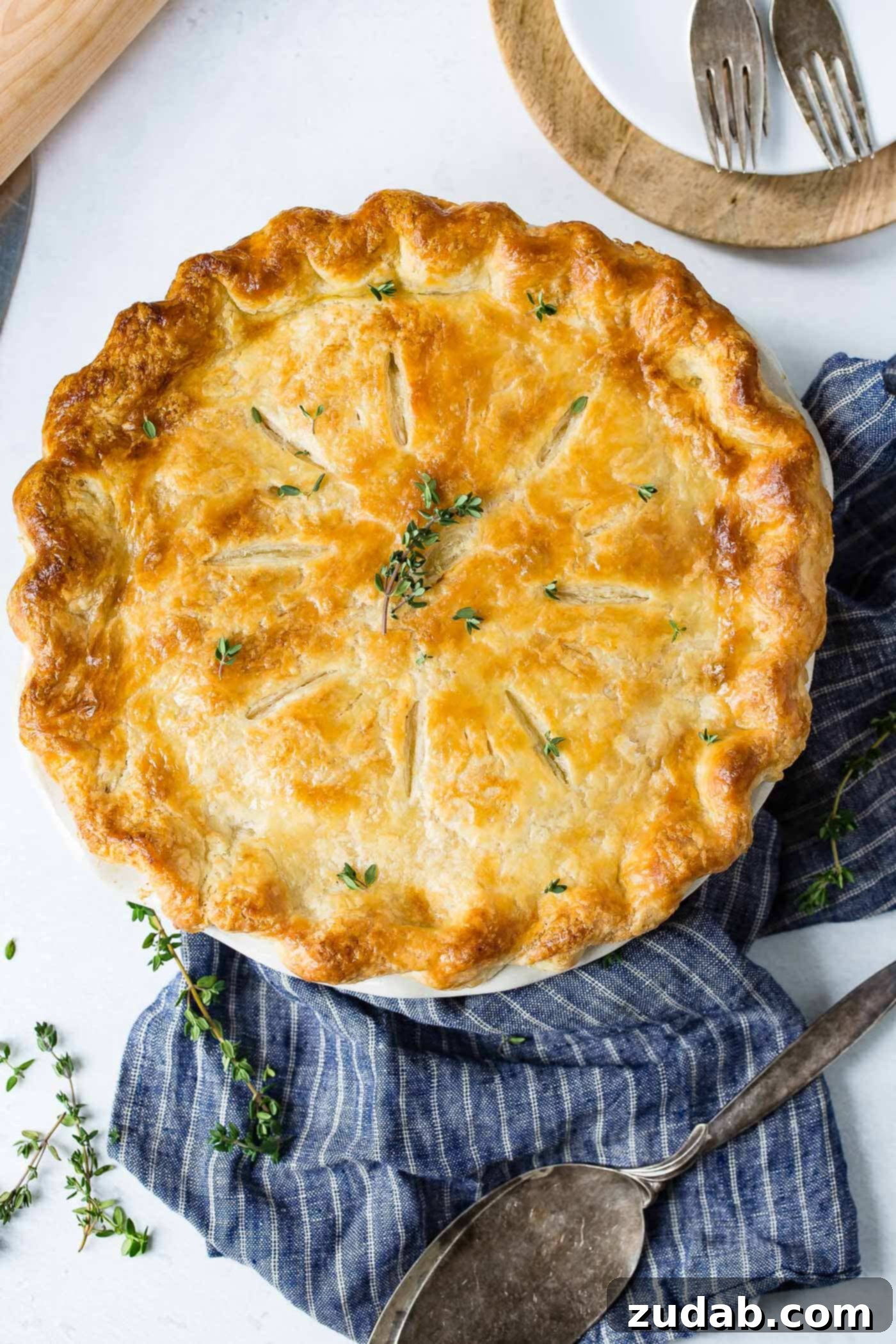 My Best Homemade Chicken Pot Pie Recipe An overhead view of a whole chicken pot pie that has been baked to a perfect golden brown. It is resting on a blue and white striped kitchen towel with a knife laying beside it.