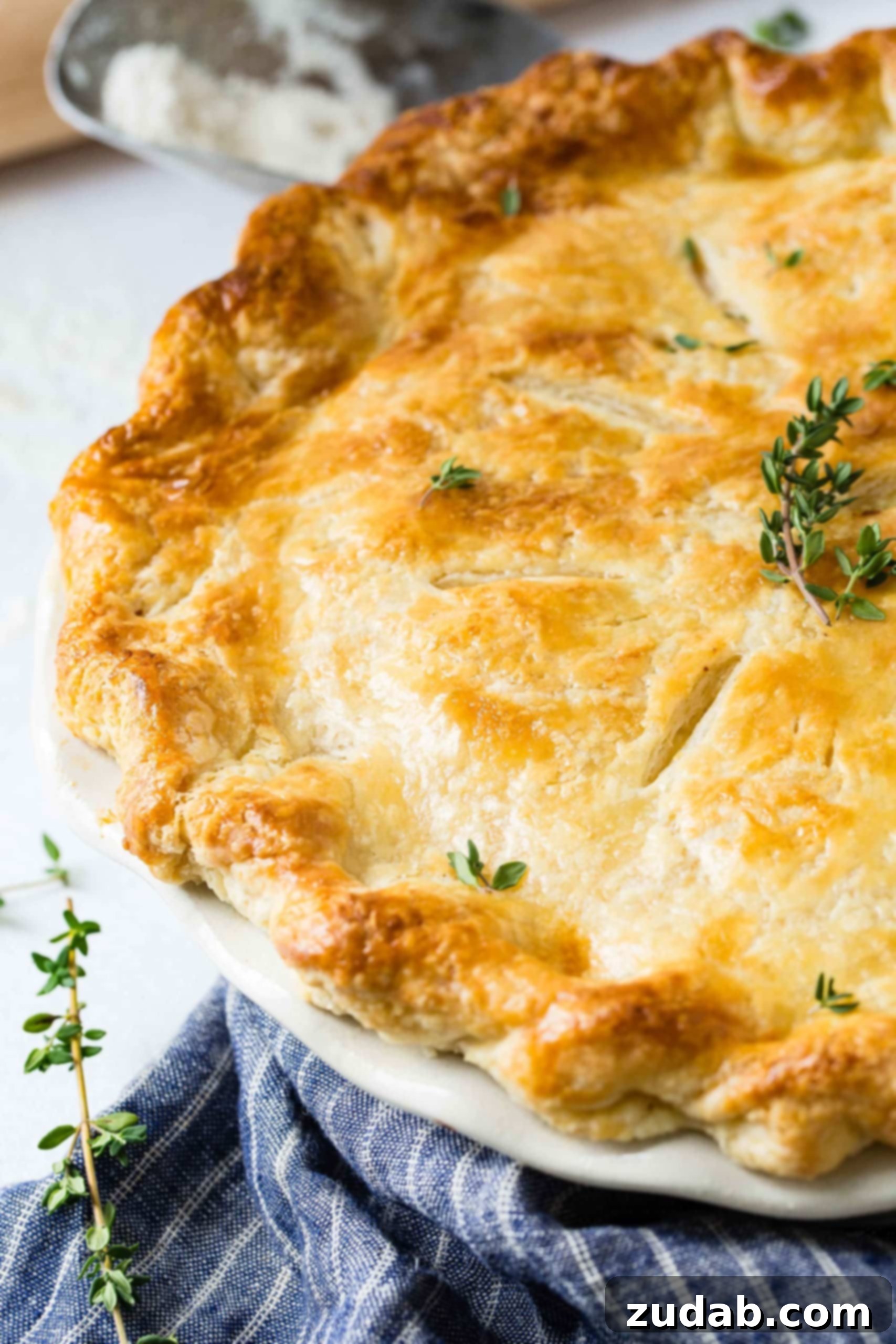 My Best Homemade Chicken Pot Pie Recipe A top view of a perfectly, golden brown chicken pot pie with a few sprigs of fresh thyme on top.