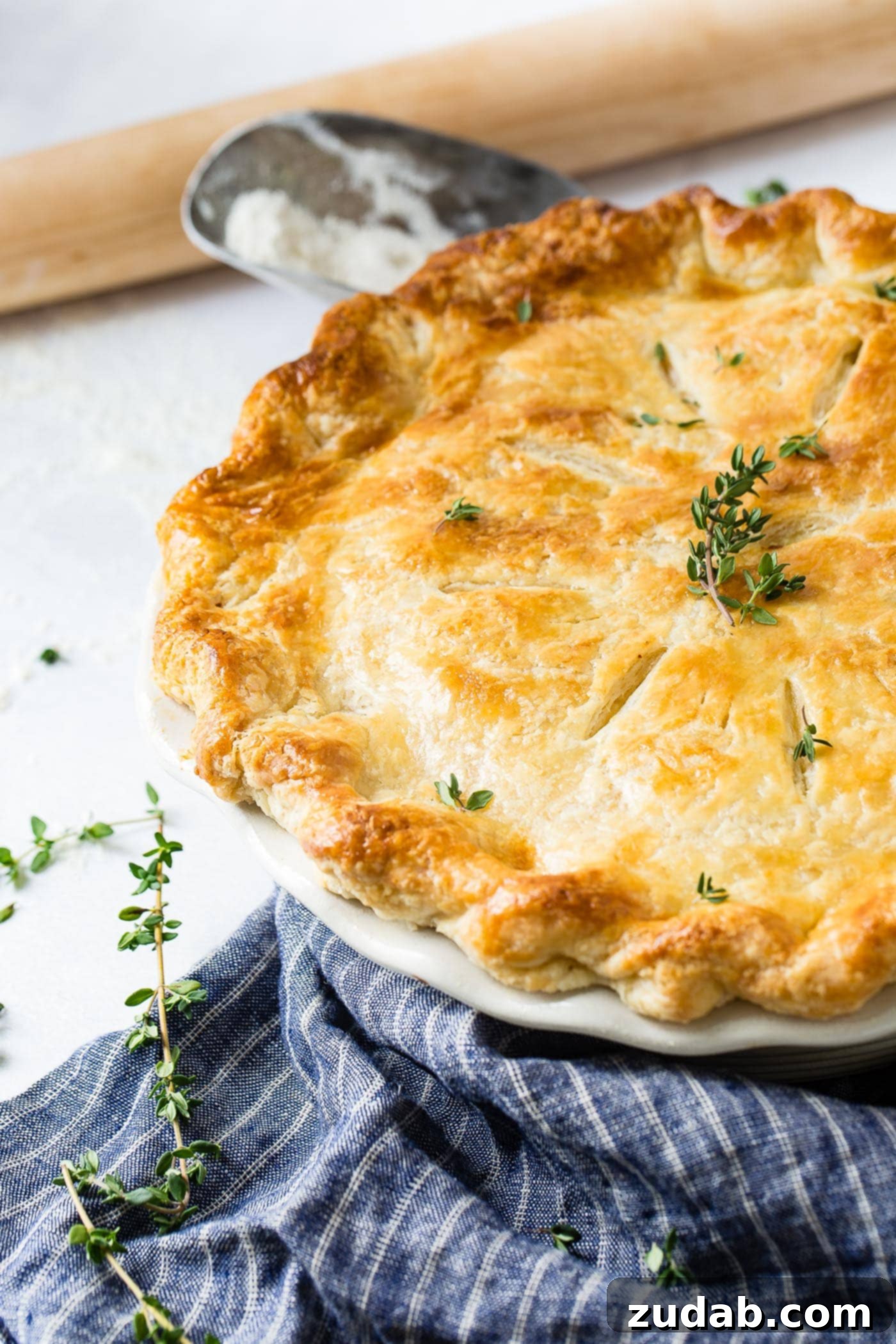 My Best Homemade Chicken Pot Pie Recipe A chicken pot pie, baked to a perfect golden brown with a sprig of fresh thyme on top. The pie dish is sitting on a blue and white striped kitchen towel.