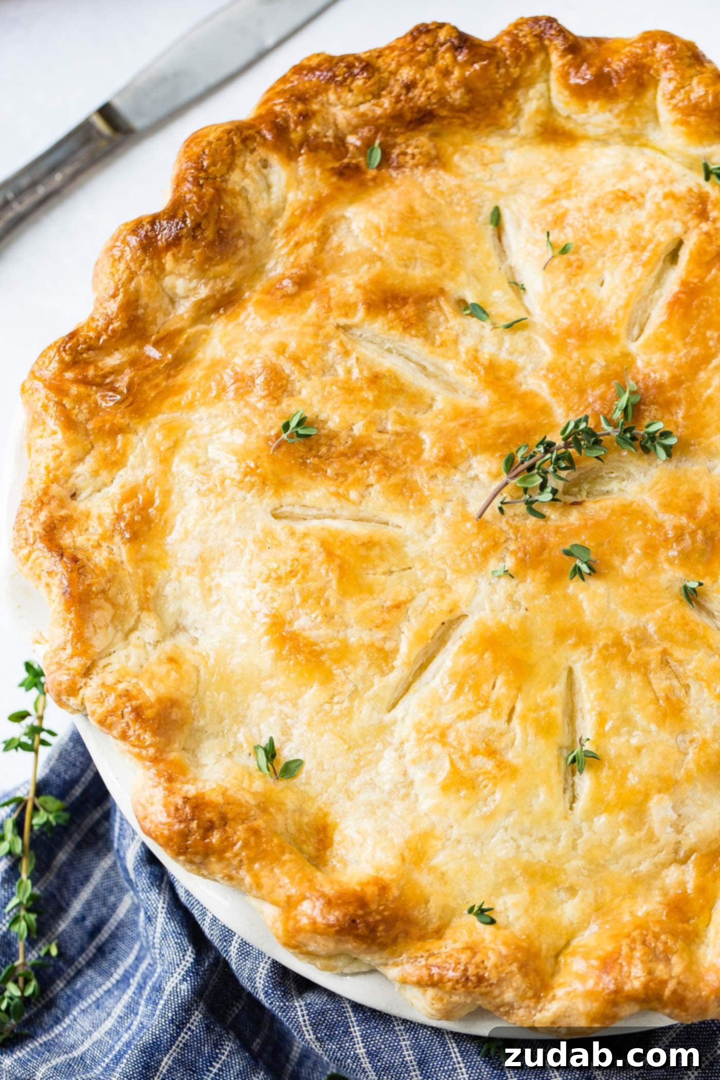 My Best Homemade Chicken Pot Pie Recipe A close-up of the top of a golden brown chicken pot pie with a sprig of fresh thyme on top.