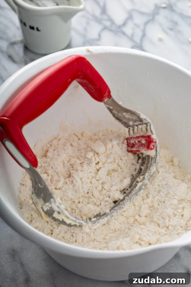 Master My Absolute Favorite Pie Crust With This Video 3 A pastry blender in a bowl of flour and butter that has been cut together.