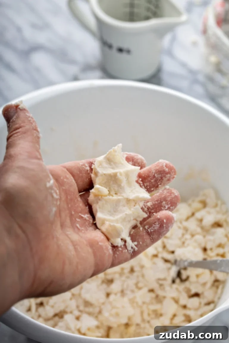 Master My Absolute Favorite Pie Crust With This Video 5 A little pie dough held over a bowl of pie dough. It has been squeezed gently in the palm of the hand.