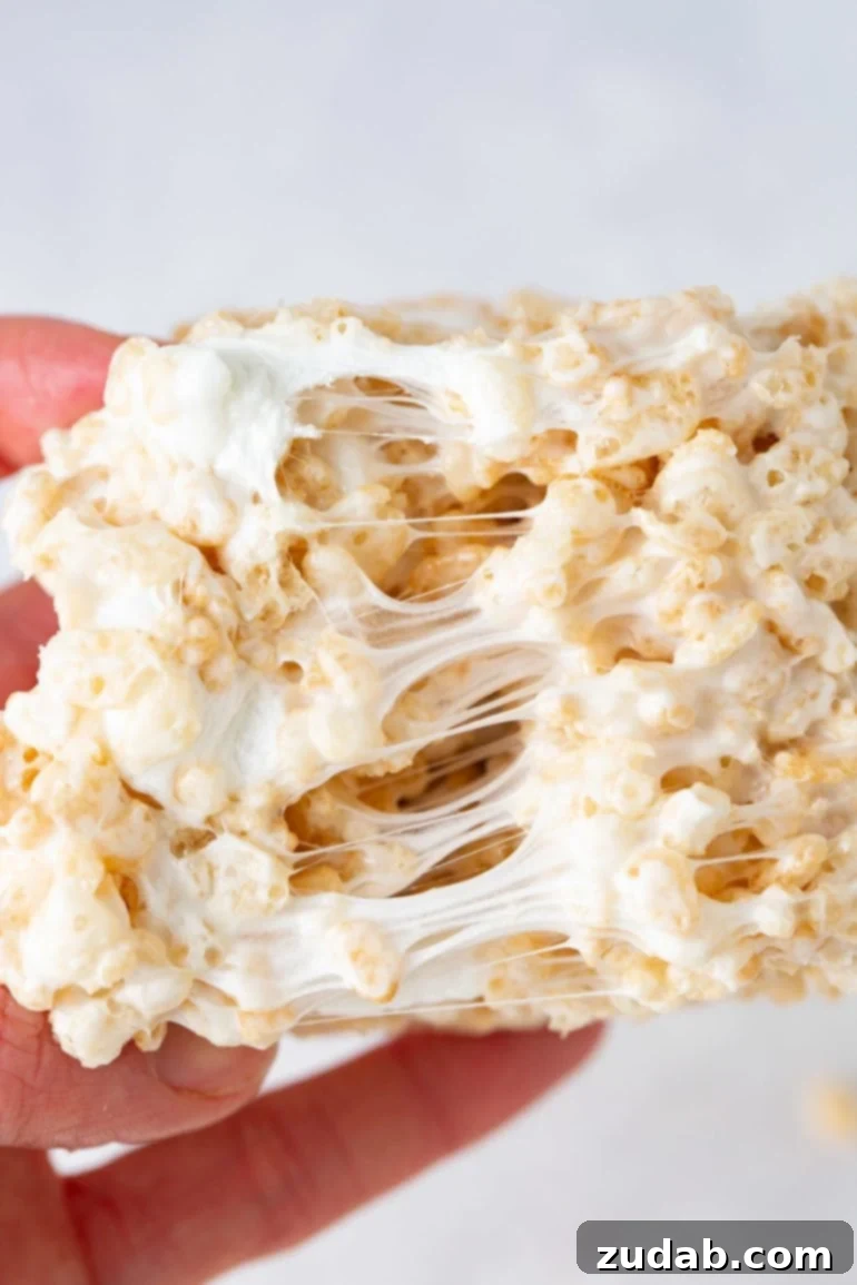 Chewy Gooey Rice Krispie Dreams 3 A piece of rice krispie treat that is being pulled apart to show the gooey melted marshmallow holding the rice krispies together.