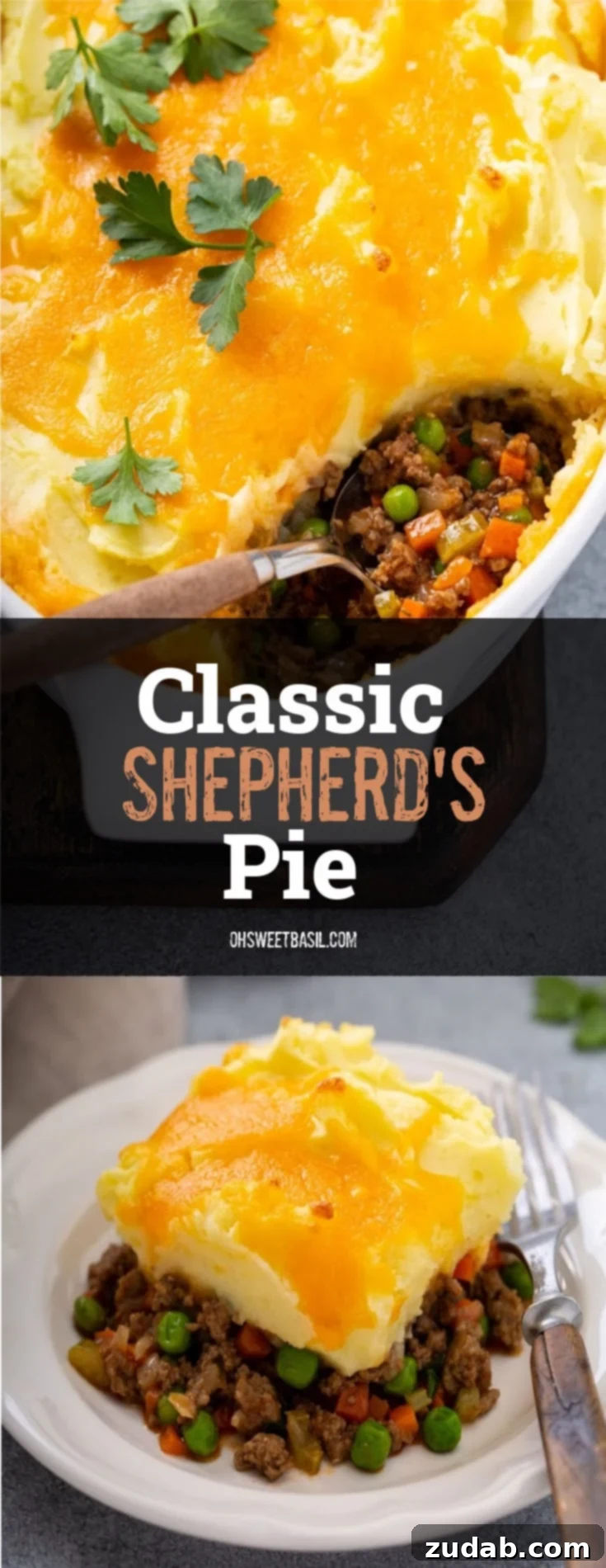 Homestyle Shepherd's Pie 3 A casserole dish containing shepherd's pie with one spoonful removed and the serving spoon resting in the dish. You can see hamburger, carrots, and peas in the pie and it is topped with mashed potatoes, and melted cheddar cheese. There is a few parsley leaves on top.
